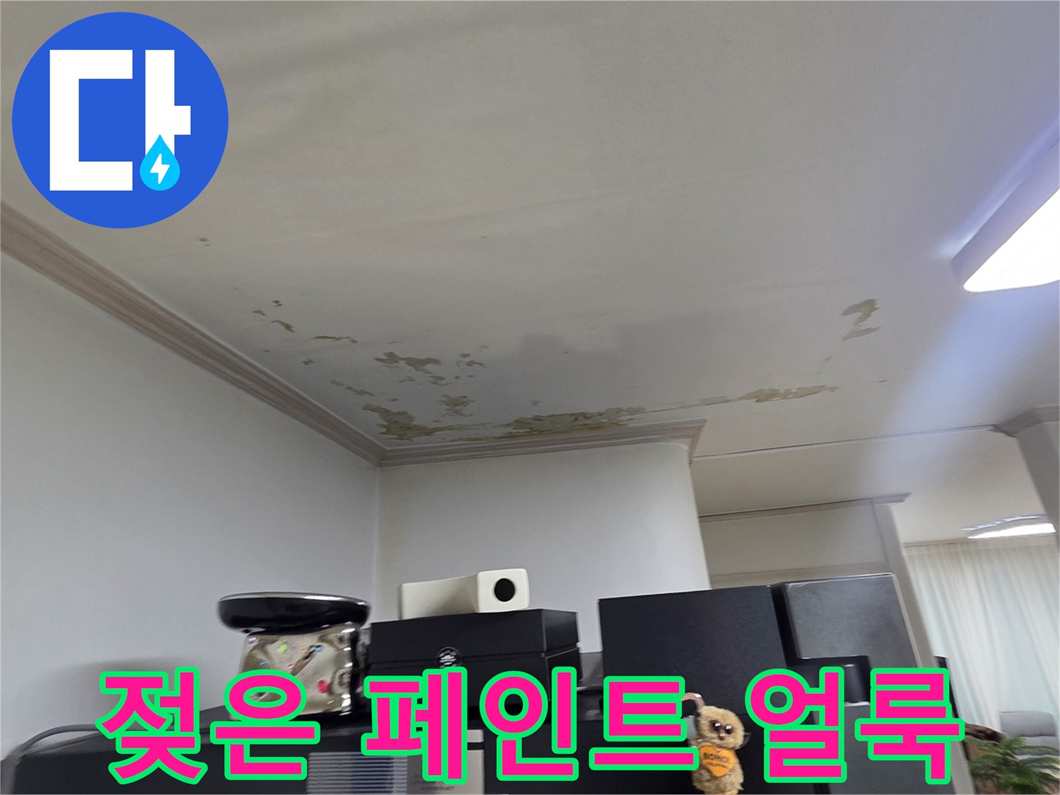세탁실 천장 부위-누수로 인해 젖고 들뜬 상태