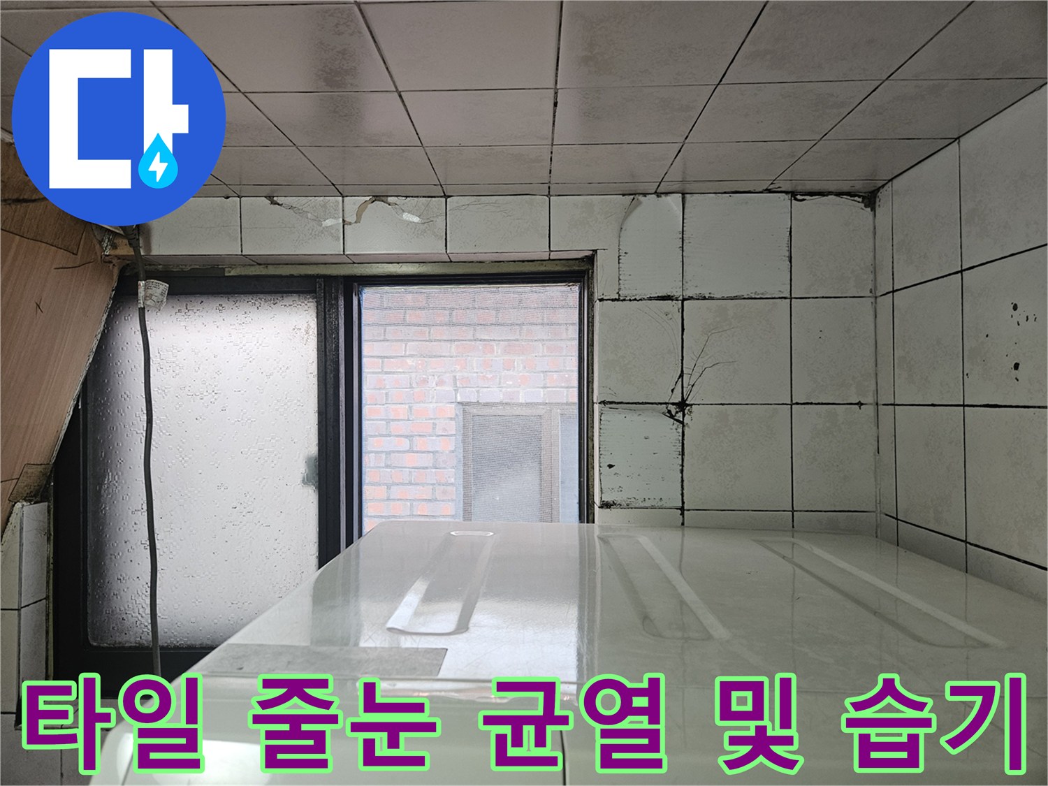 다용도실 벽면 타일의 갈라진 틈과 창틀 주변의 습윤한 상태
