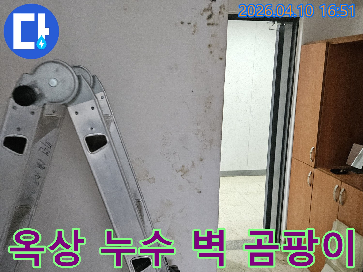 포천시 일동면의 건물 내부 벽에서 옥상 누수로 인해 발생한 곰팡이와 물자국입니다-정확한 누수 지점 파악을 위한 현장 조사가 진행 중입니다.