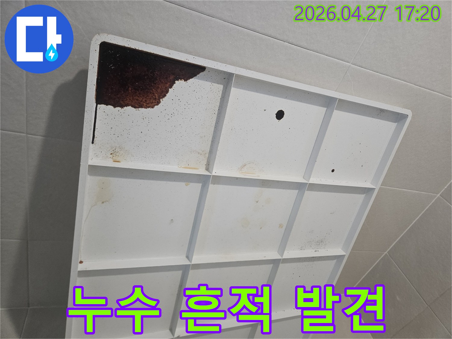 오랜 기간 누수가 진행되어-배수판에 짙은 갈색 물이 고여있는-현장 사진입니다.