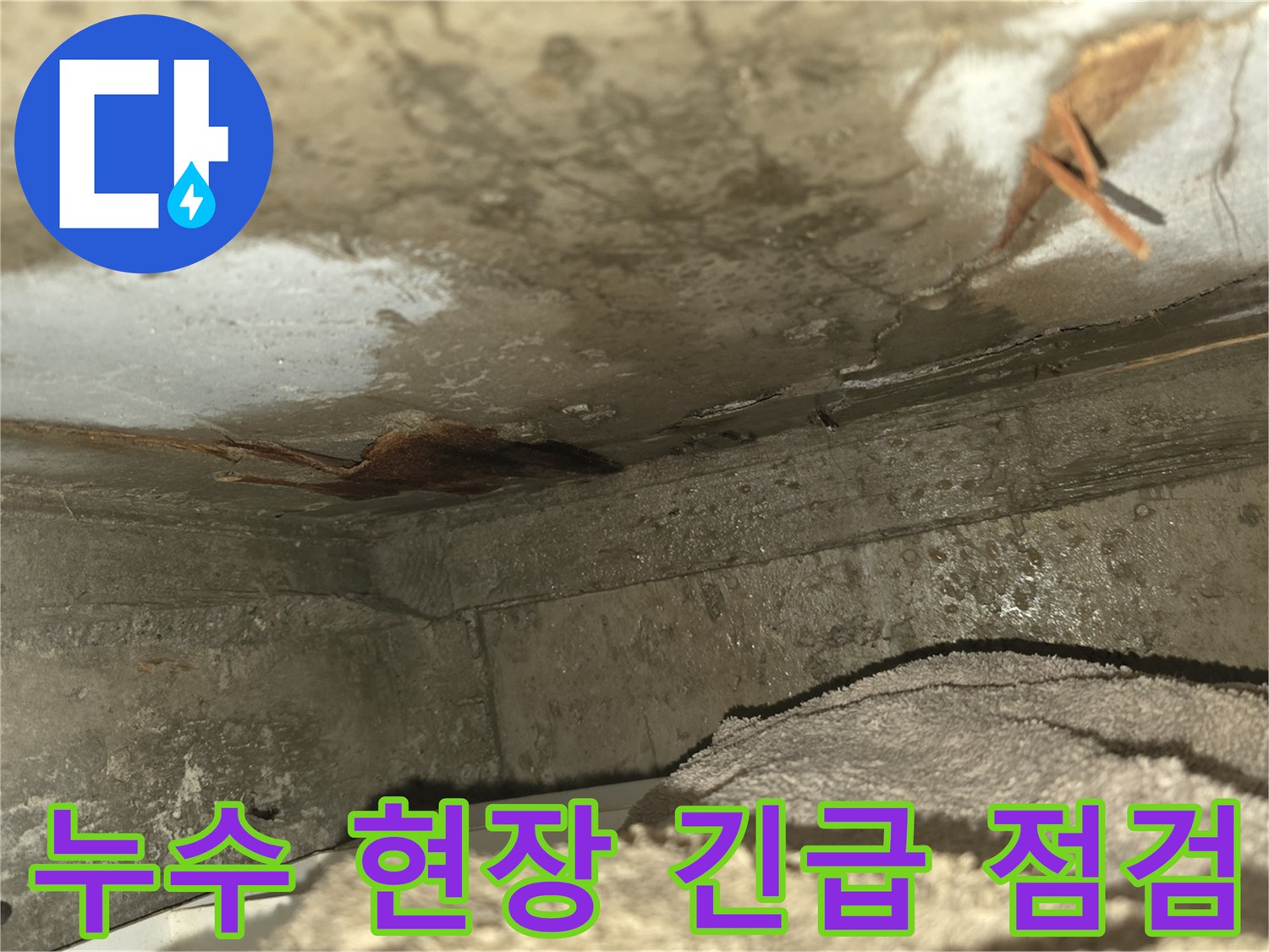 오래된 건물에서-발생하기 쉬운-천장 누수로 인해-벽면이 손상되고-곰팡이가 시작된-모습을 담고 있습니다