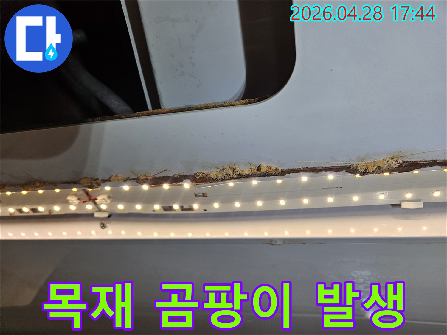 누수로 인한 습기로-목재에 곰팡이가-발생한 상태를-보여주는 이미지입니다