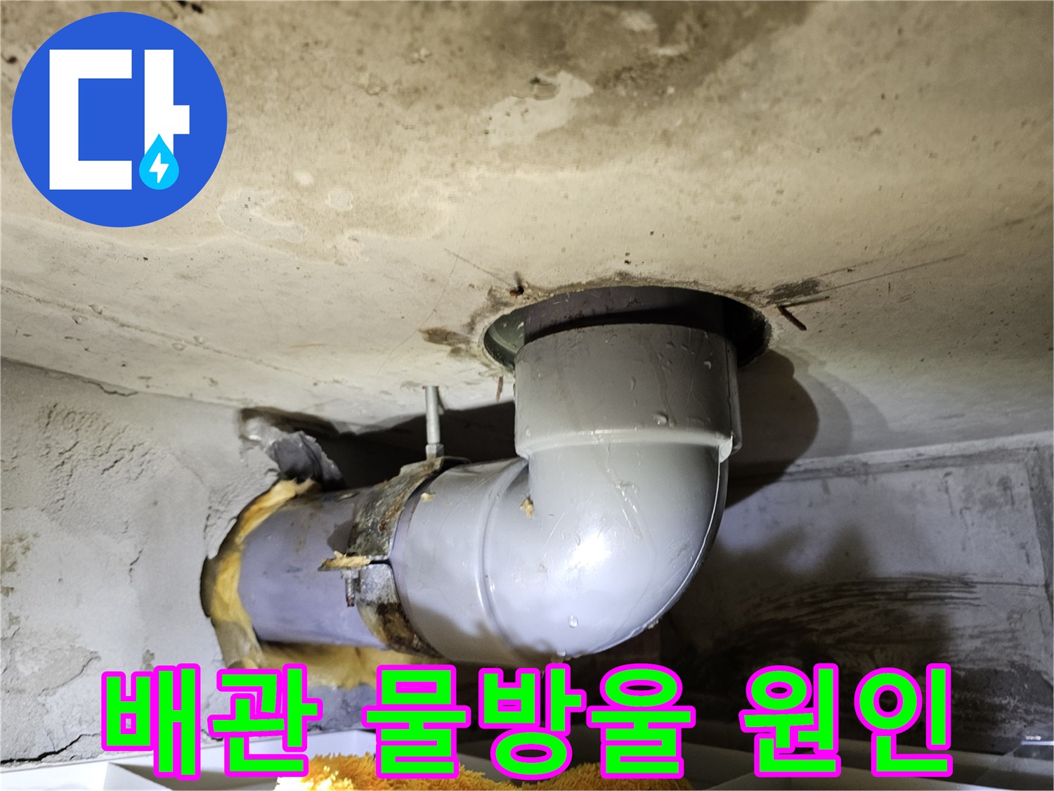 배관에 맺힌 물방울이-누수인지 단순 결로인지-정확히 판단하기 위해-배관 상태를-면밀히 관찰하는-현장 사진