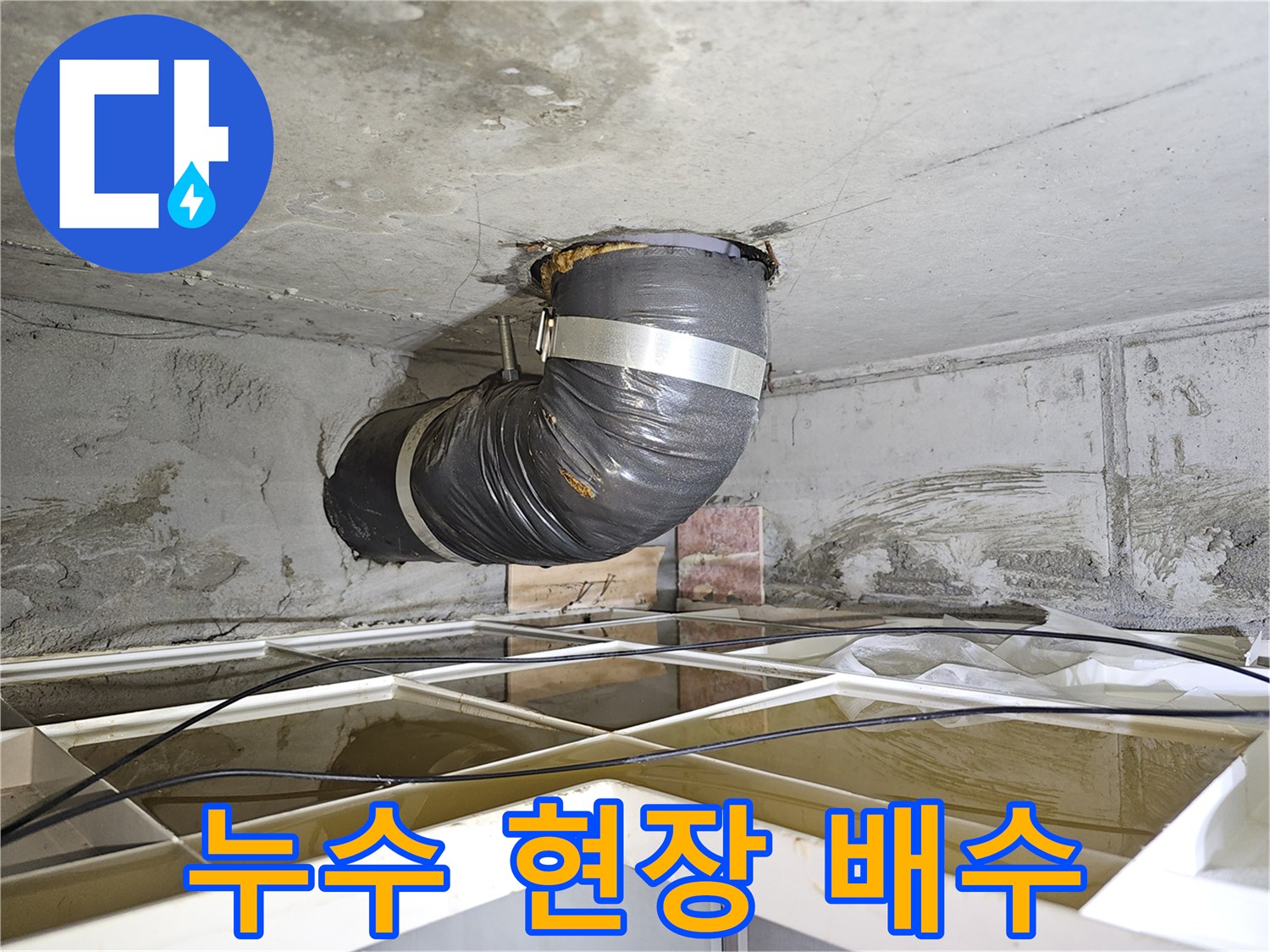 상가 천장 누수 현장에서-물을 효율적으로 배수하기 위해-설치된 임시 배관의 모습입니다.