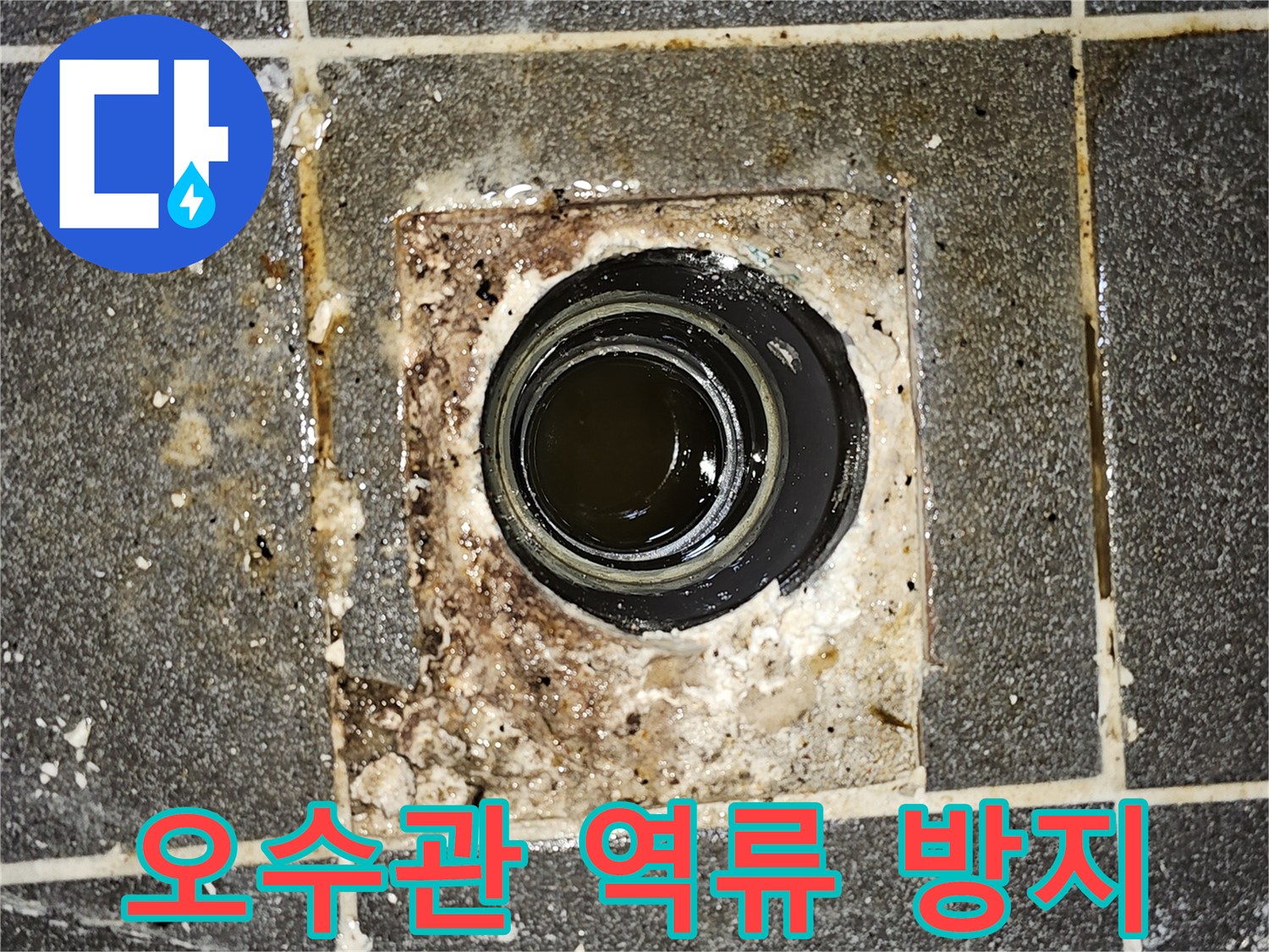 오수관이 막혀-더러운 물이 배수구 밖으로 넘쳐흐르는-심각한 배관 문제를 보여주는 사진입니다.