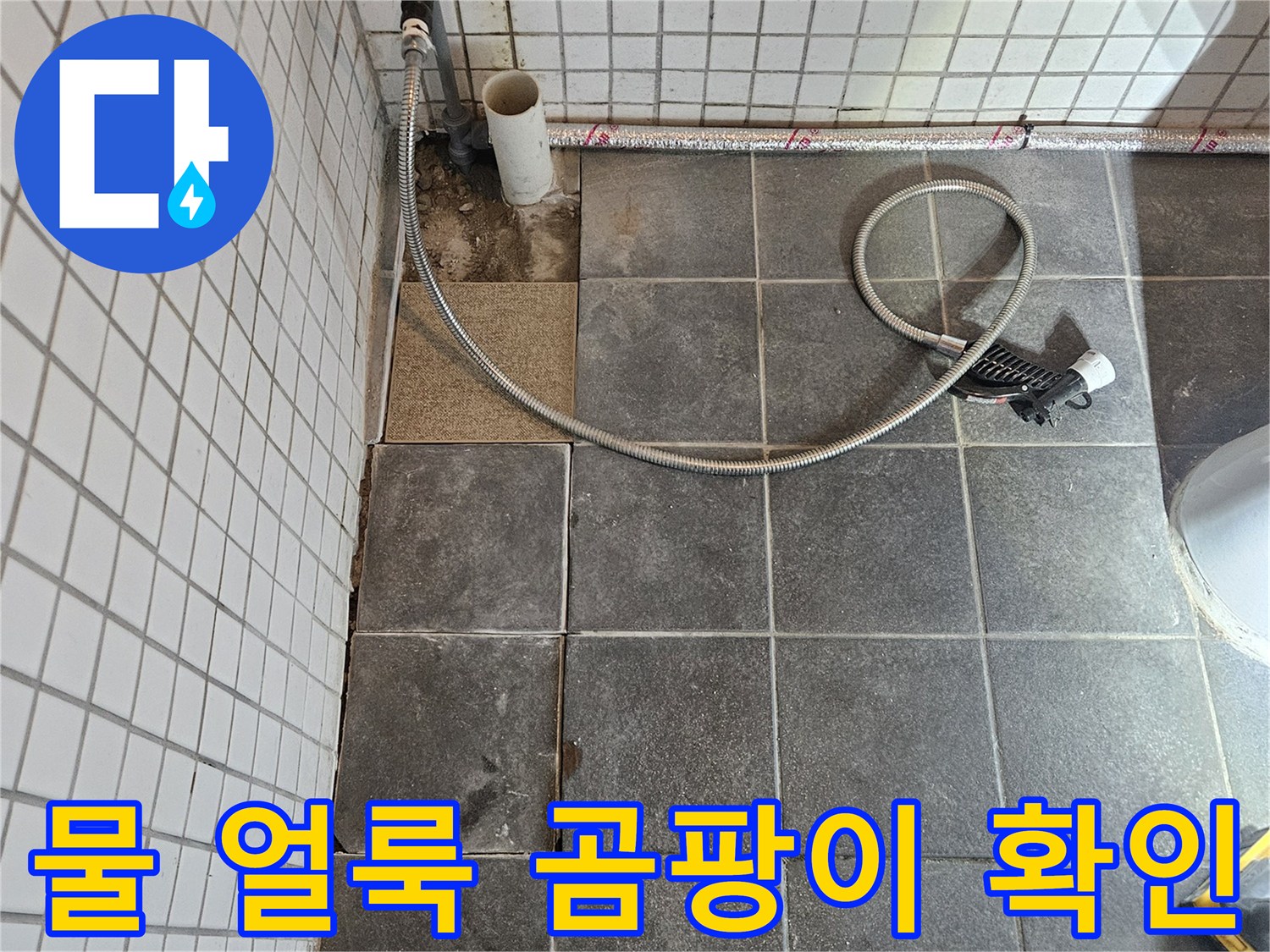 욕실 누수 문제를 해결하기 위해-타일을 제거하고-그 아래에 생긴 물 얼룩과 곰팡이를 확인하여-누수 원인을 파악하는 과정입니다.