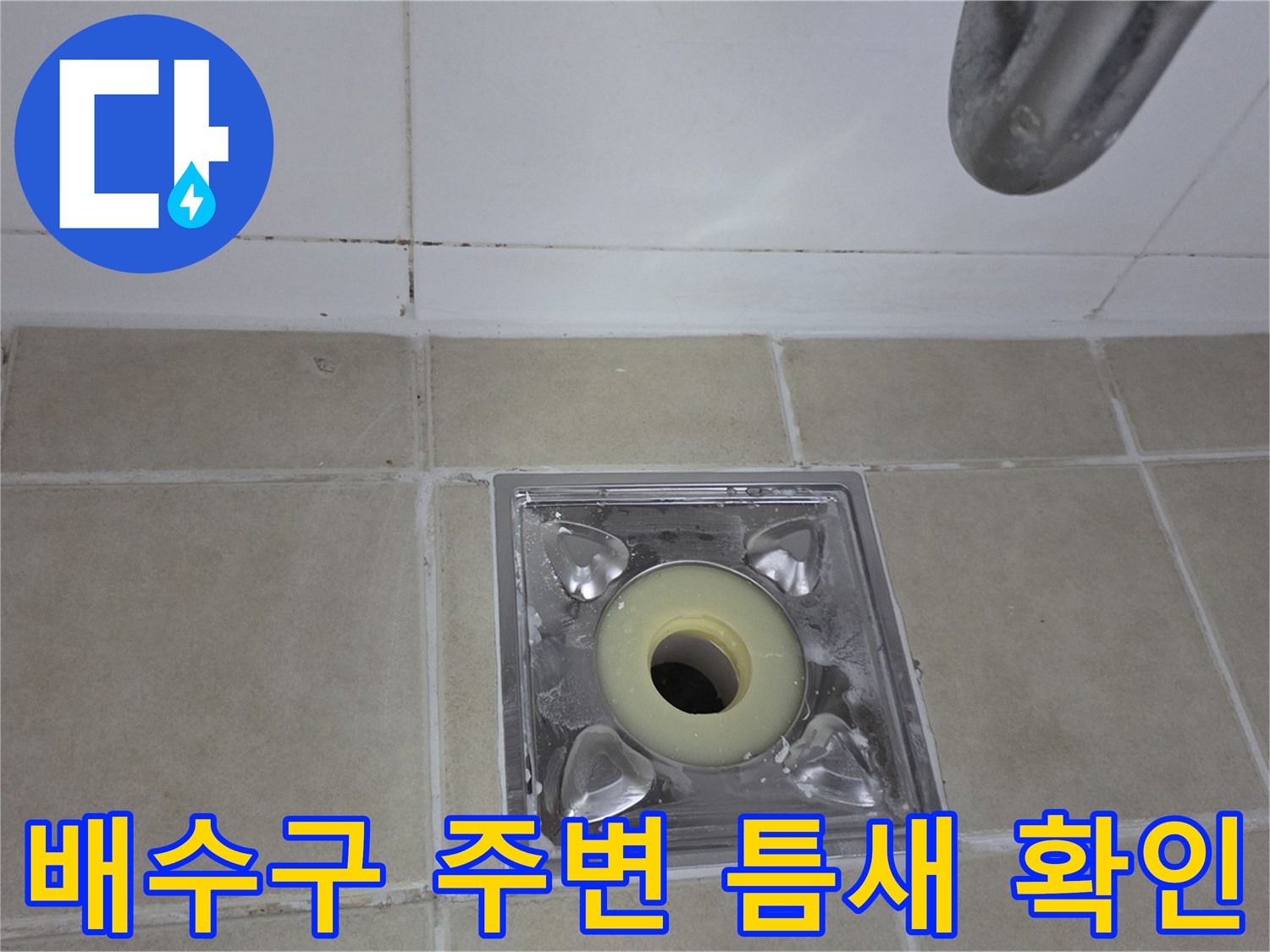 양주 화장실 배수구 유가 주변의 타일 틈새와 노후된 상태를 보여주는 사진