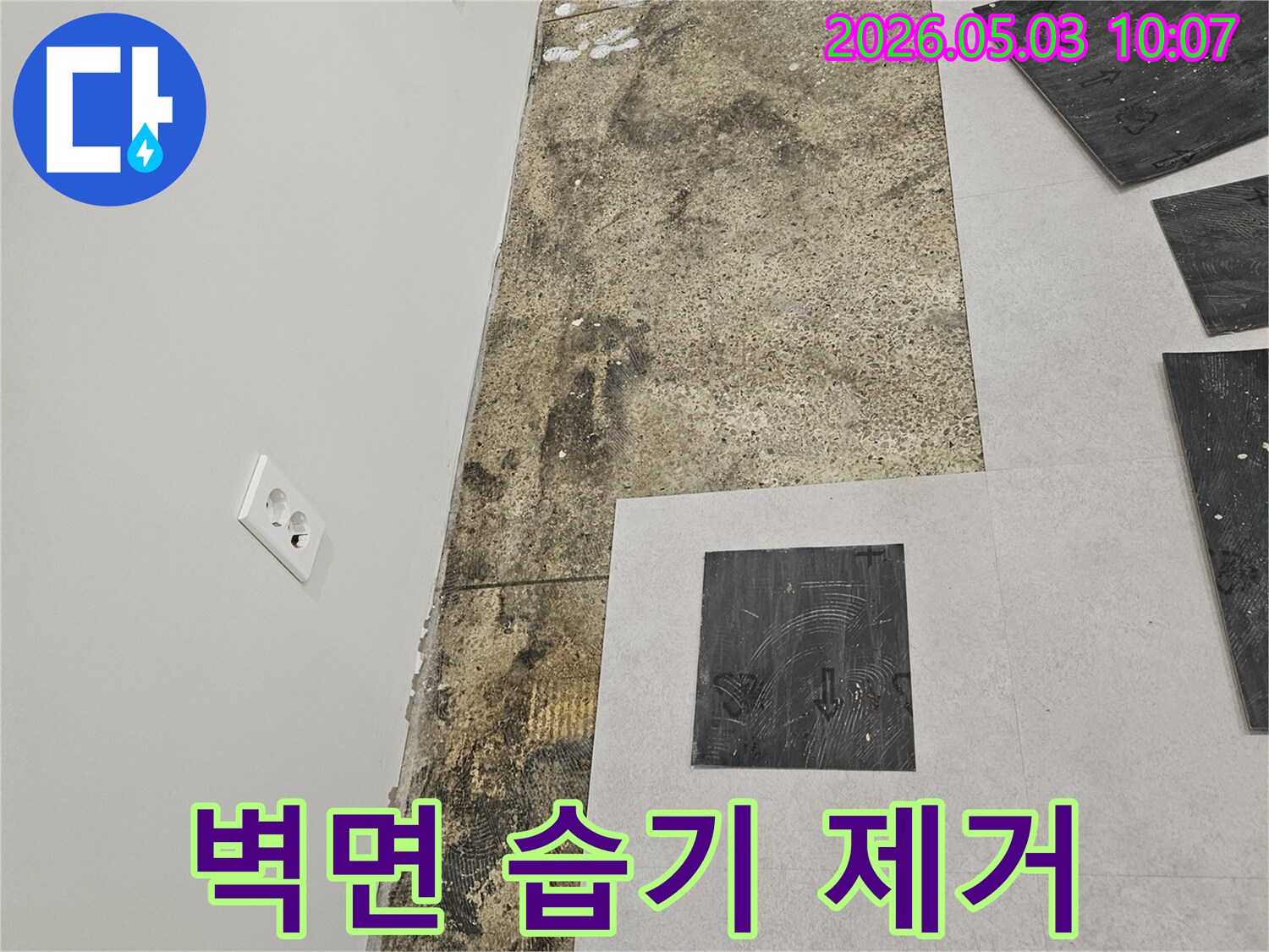 누수로 인해 타일이 제거된 벽면-습기와 곰팡이로 오염된-벽면을 보여주는 현장 사진