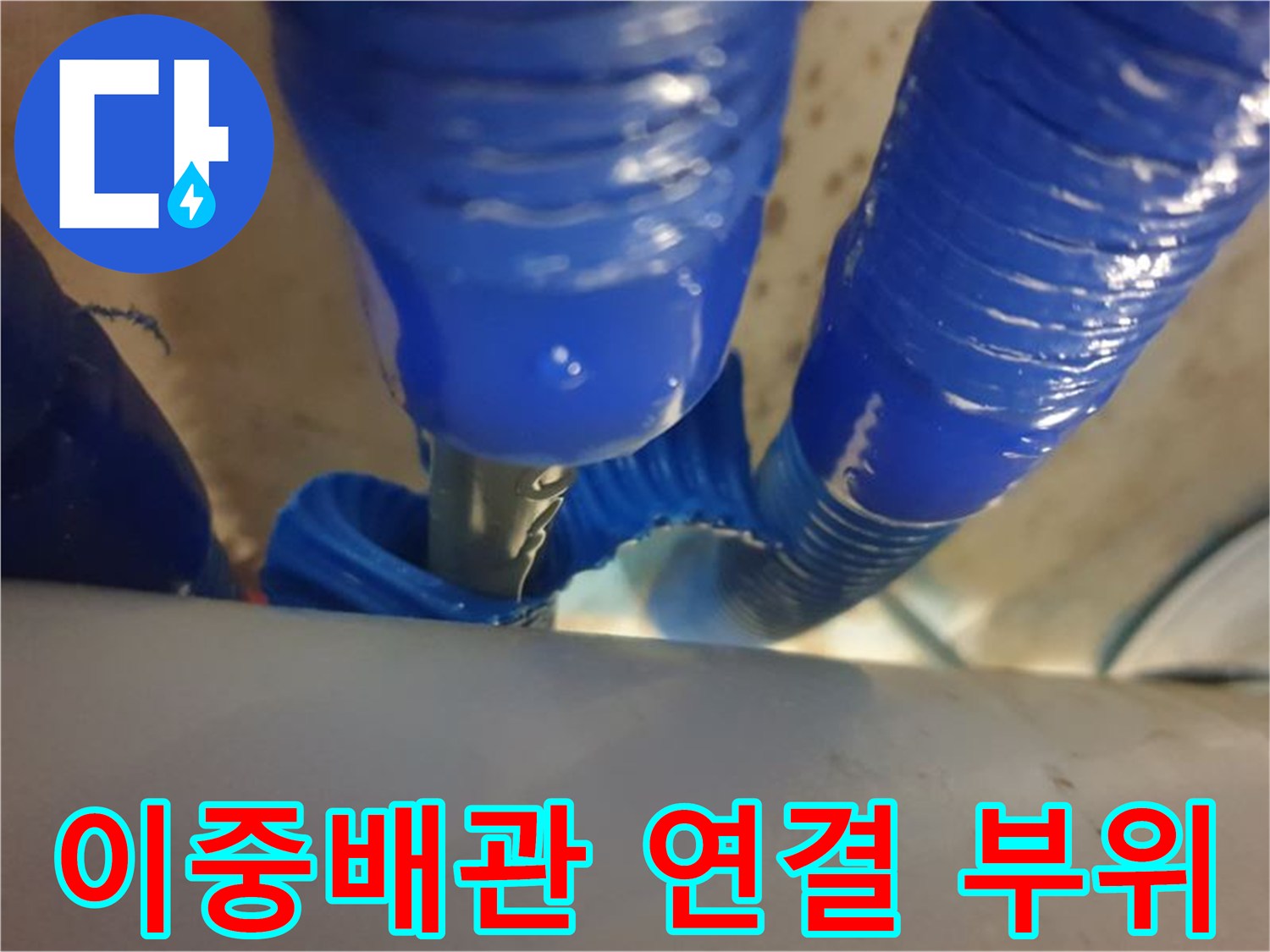 파란색 보호관으로 감싸진 이중배층 배관의 상세 모습