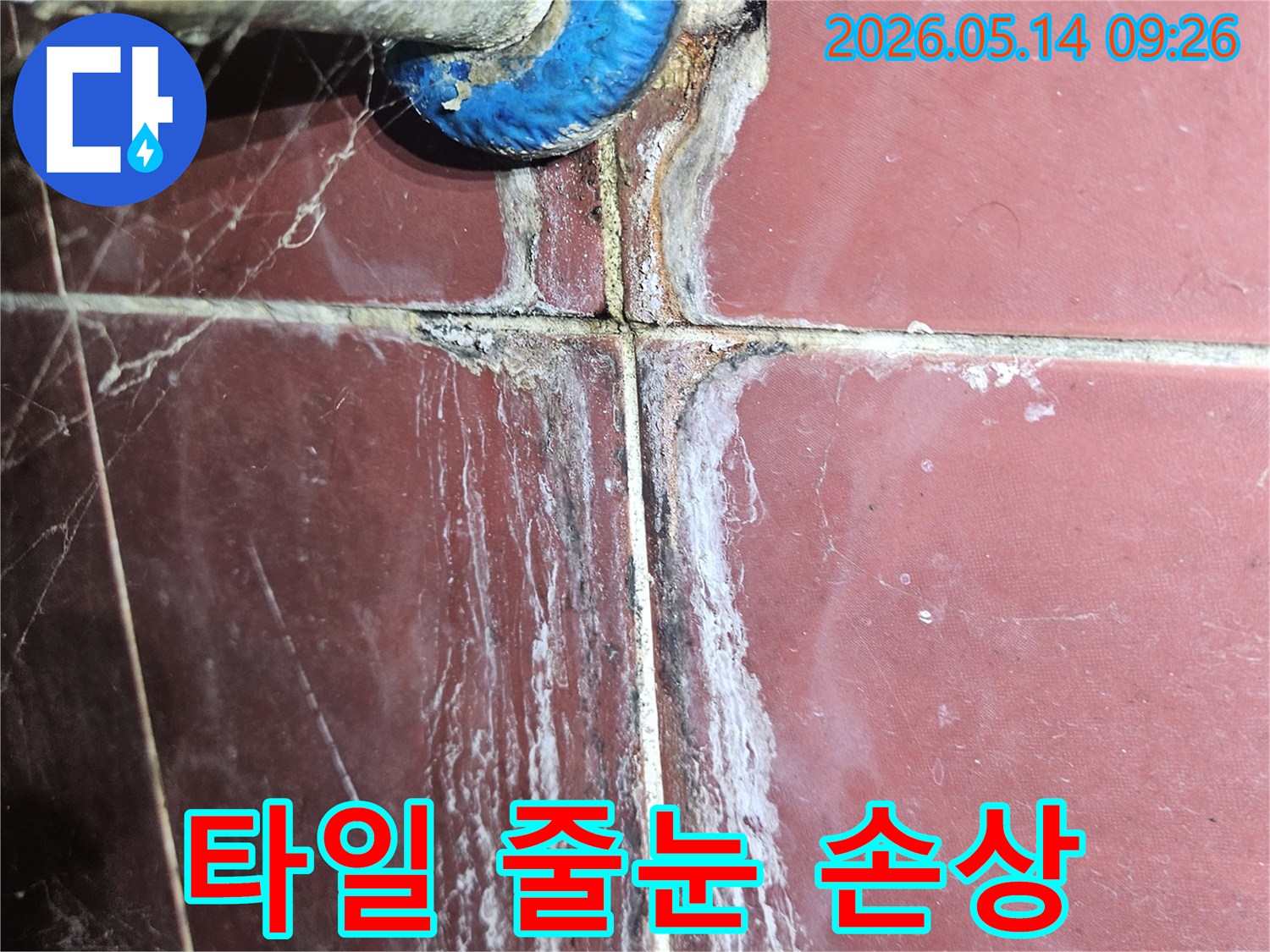 물이 새어 나와 타일 표면에 남긴-하얀 침전물과 곰팡이-오래된 배관 주변의 누수 현장을-생생하게 보여주는 사진