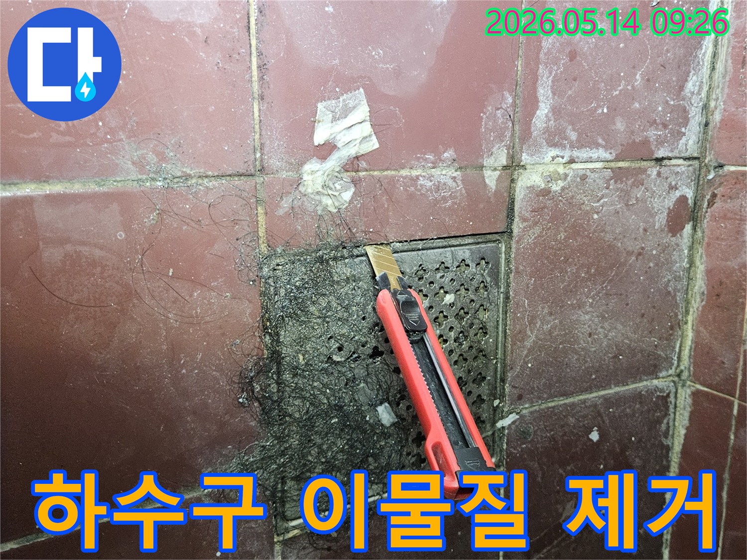 오래된 욕실 하수구에 엉킨 머리카락과 슬러지를 커터칼로 긁어내며 누수 탐지 전 준비 작업을 하는 모습