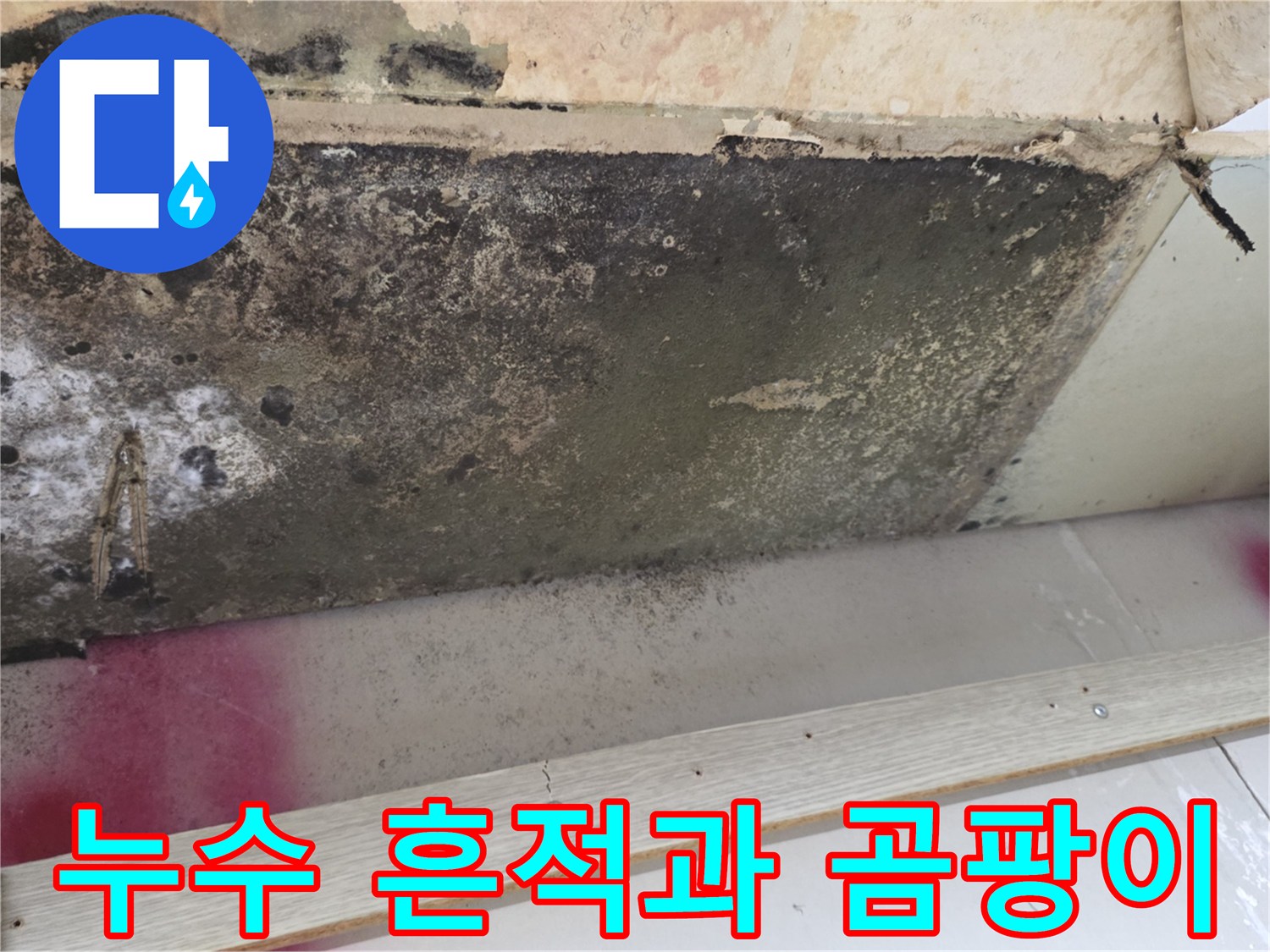 천장 마감재 내부 - 누수로 인해 오염된 천장 표면