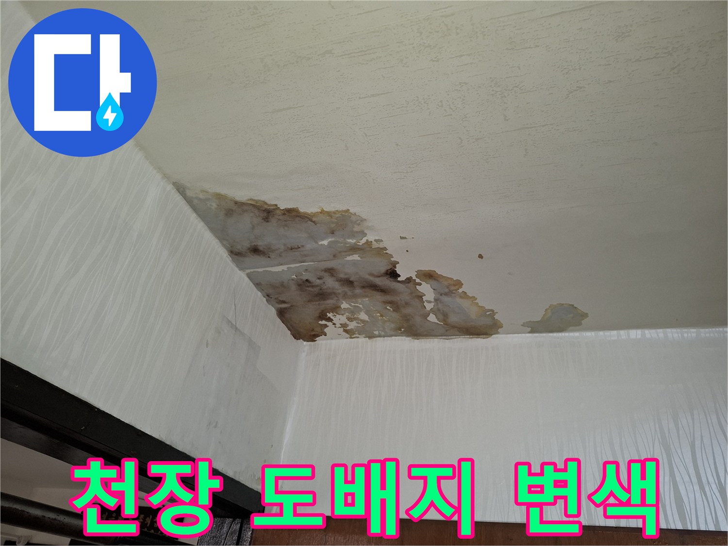 거실-천장-도배지-변색-및-습기-번짐-상태