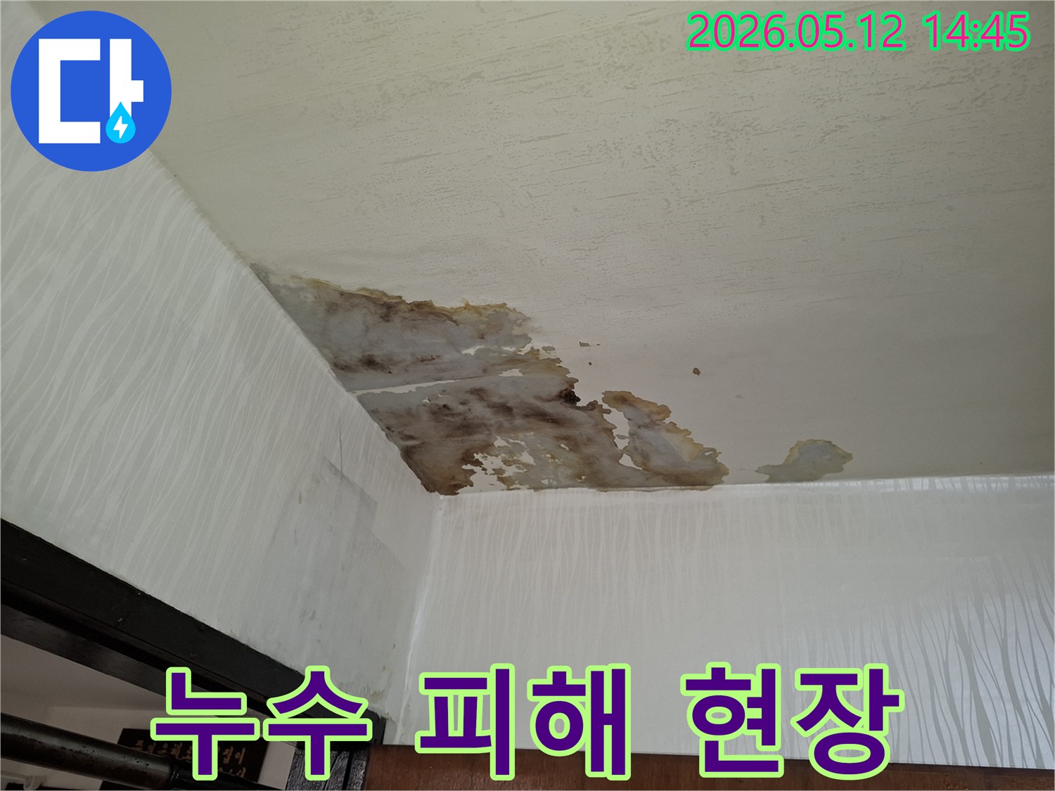 천장에서 물이 새어-벽과 천장에-심각한 물자국과-손상이 발생한-누수 현장 사진입니다