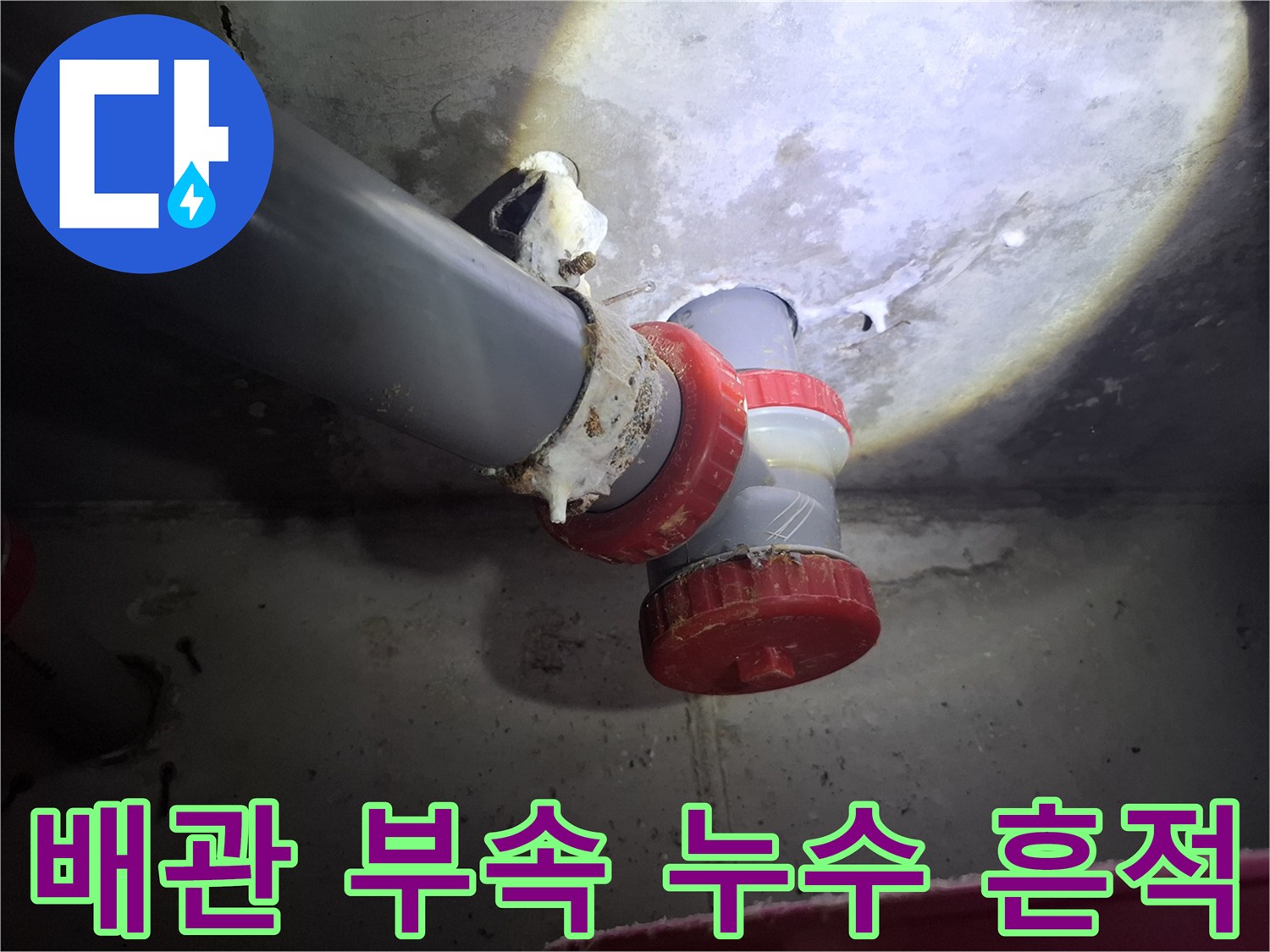 오수관 연결 부위 주변에 하얗게 굳어 있는 누수 침전물 현상