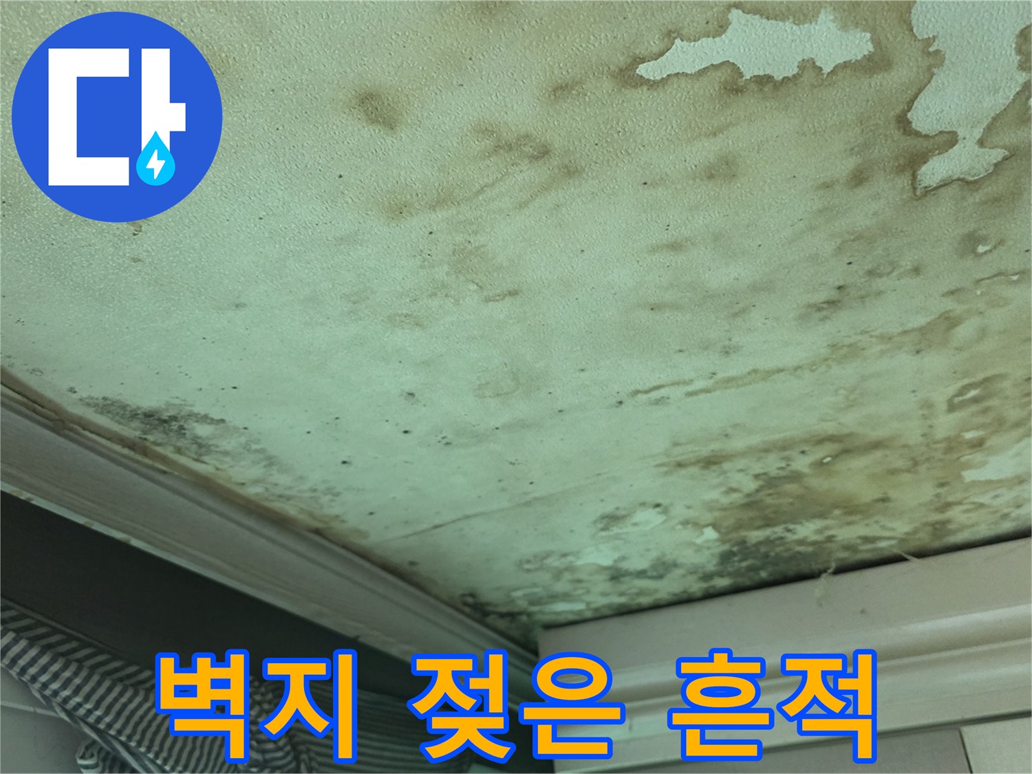 천장 마감재 부근에 나타난 심한 변색과 습기 침투 흔적