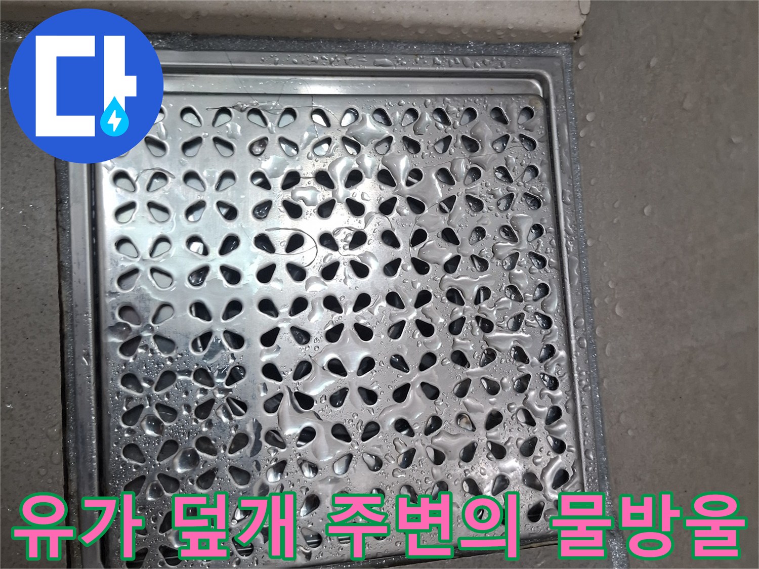 스테인리스 배수구 덮개에 맺힌 물방울-누수 지점 조사 중