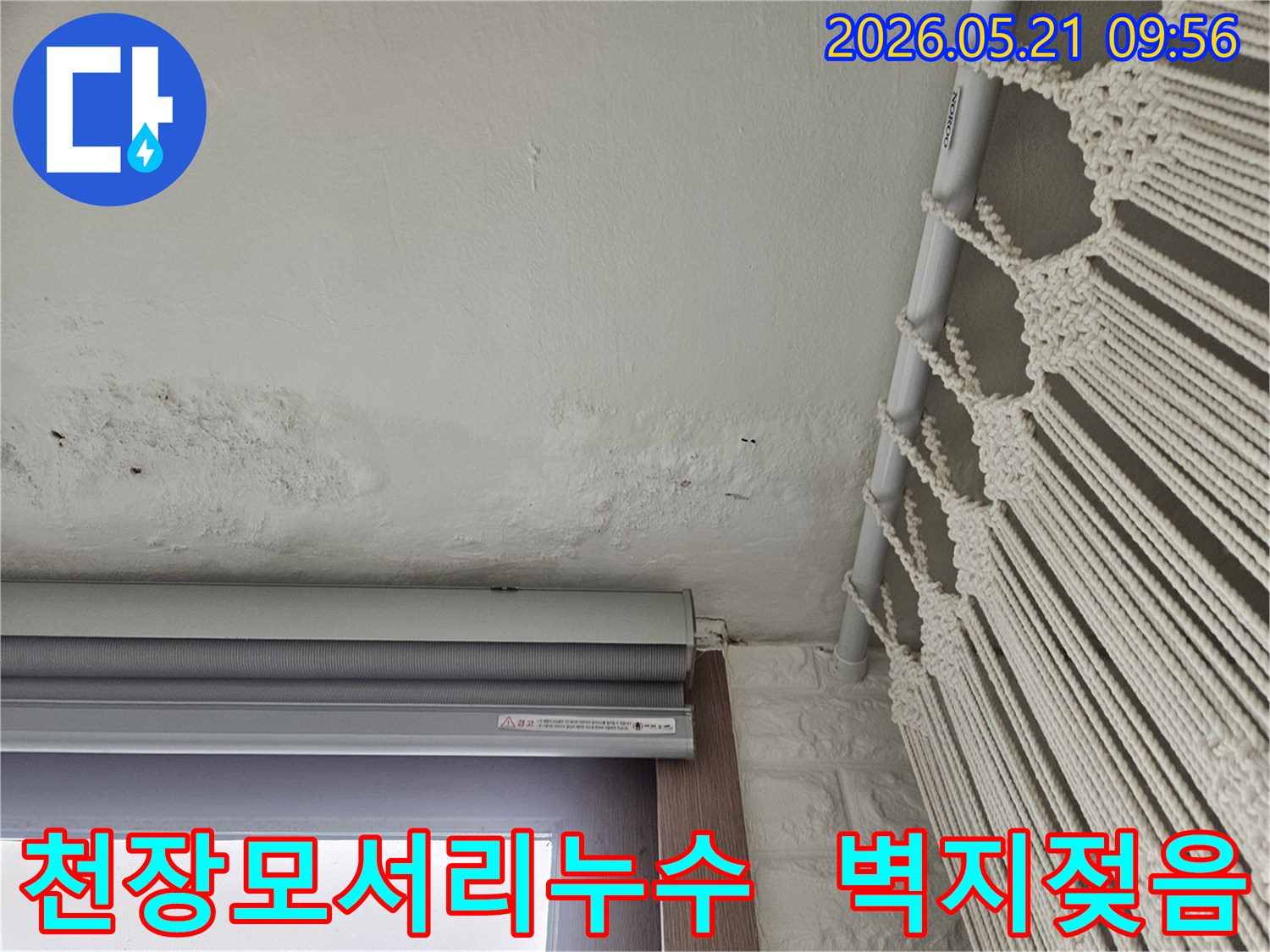 천장-모서리-부분에-발생한-누수-흔적과-벽지-젖음-현상-사진