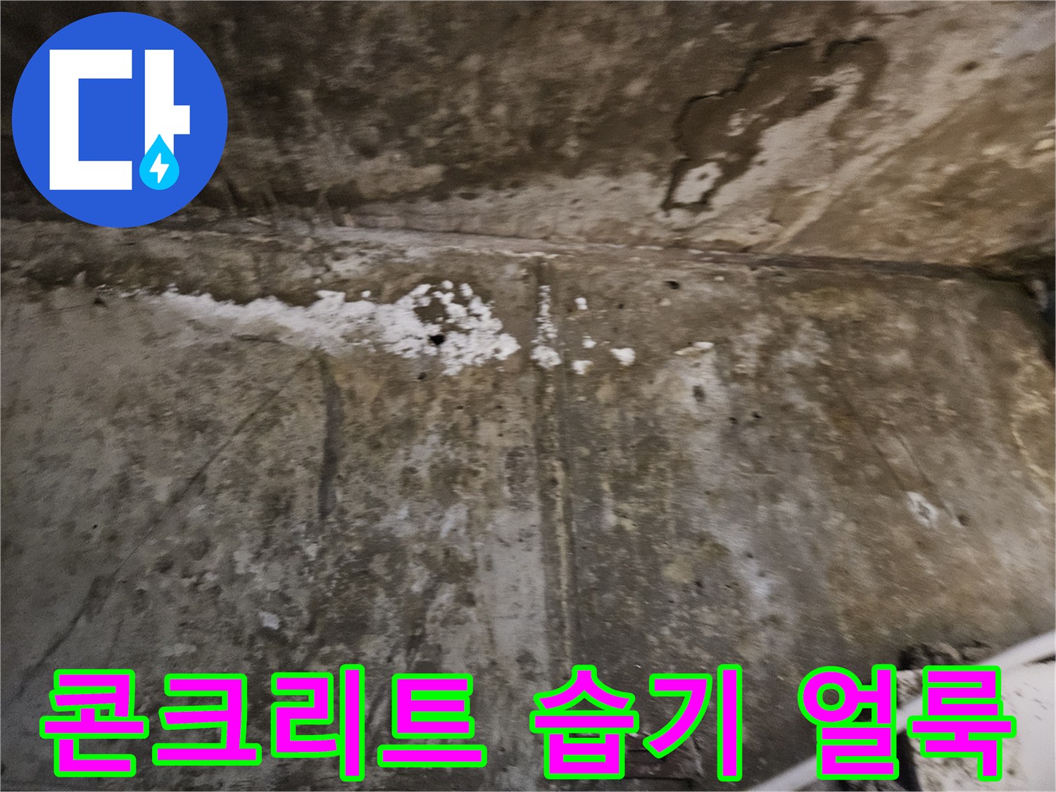 콘크리트 천장면의 젖은 얼룩과 부식된 흔적