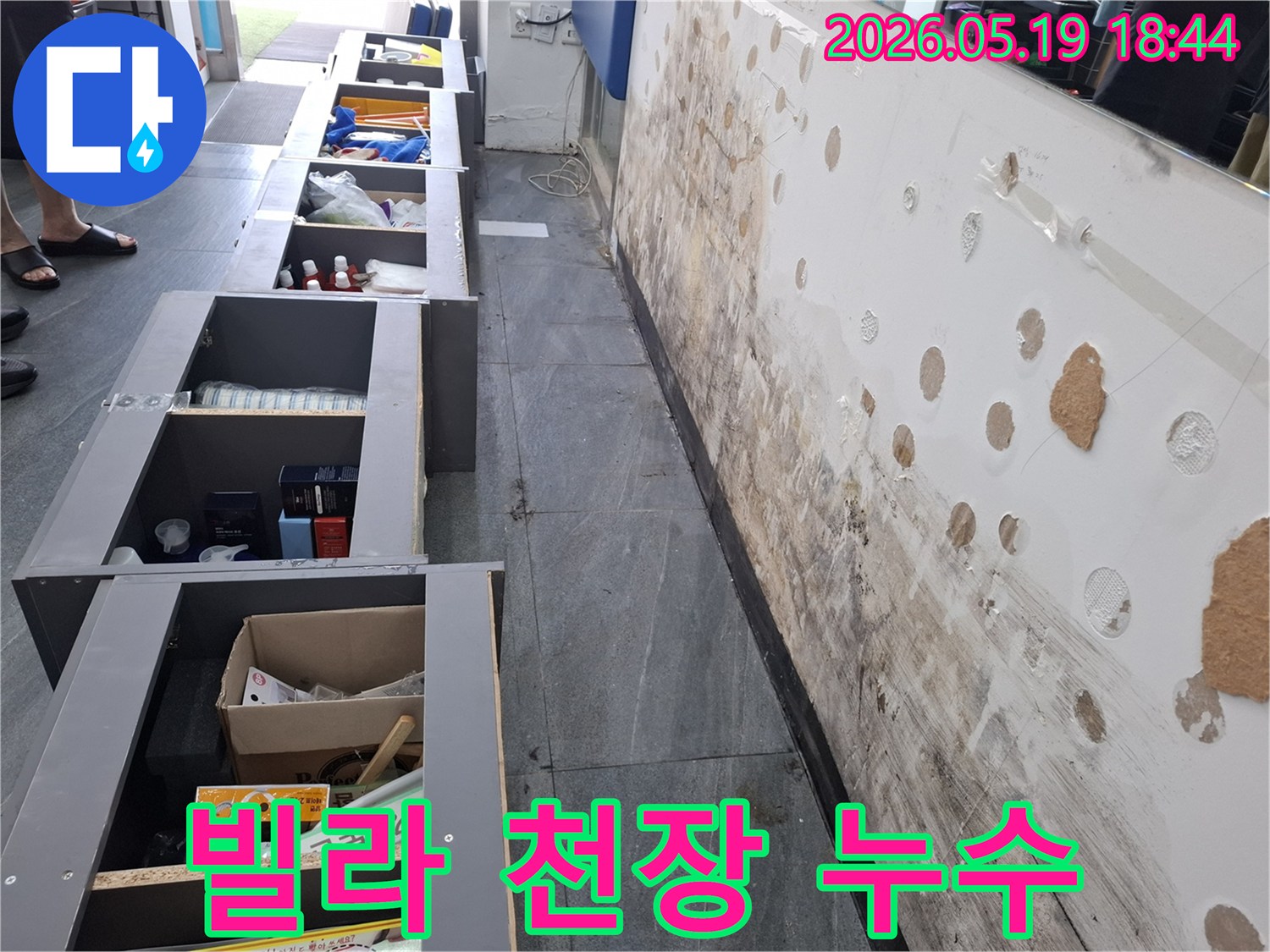 빌라 천장 누수로 인해 벽면에-곰팡이가 심하게 번식한 현장 모습