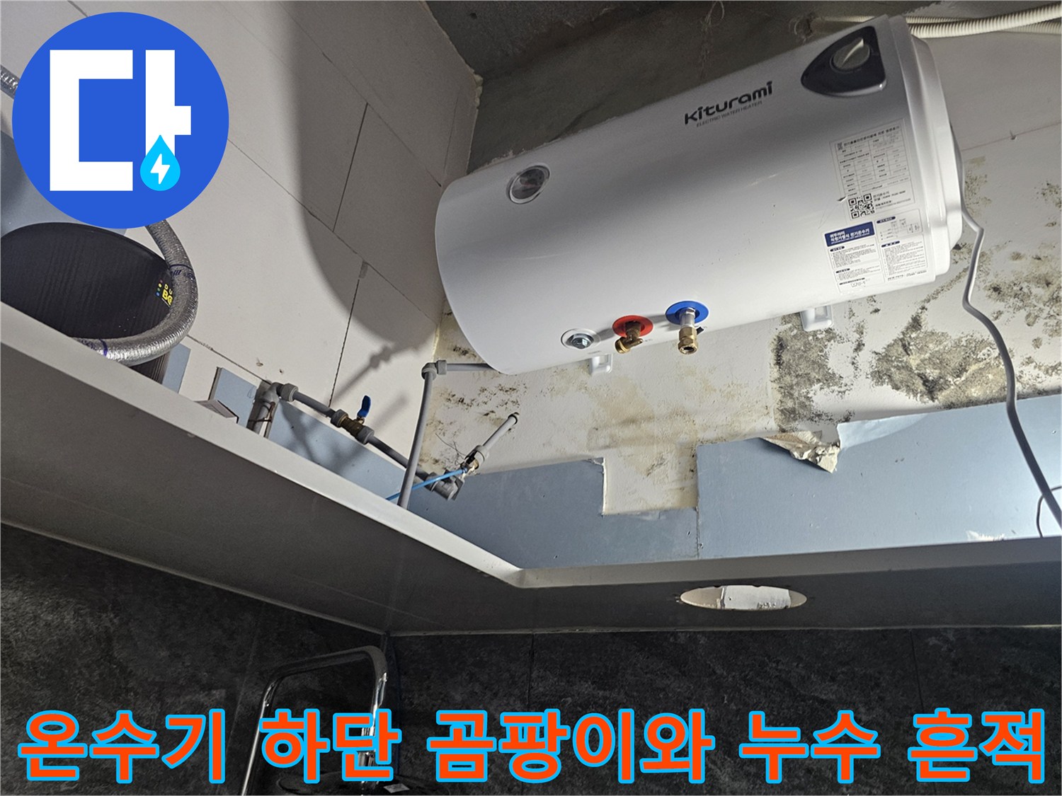 전기 온수기-하부 배관 주위의 습기와 곰팡이 발생 상태