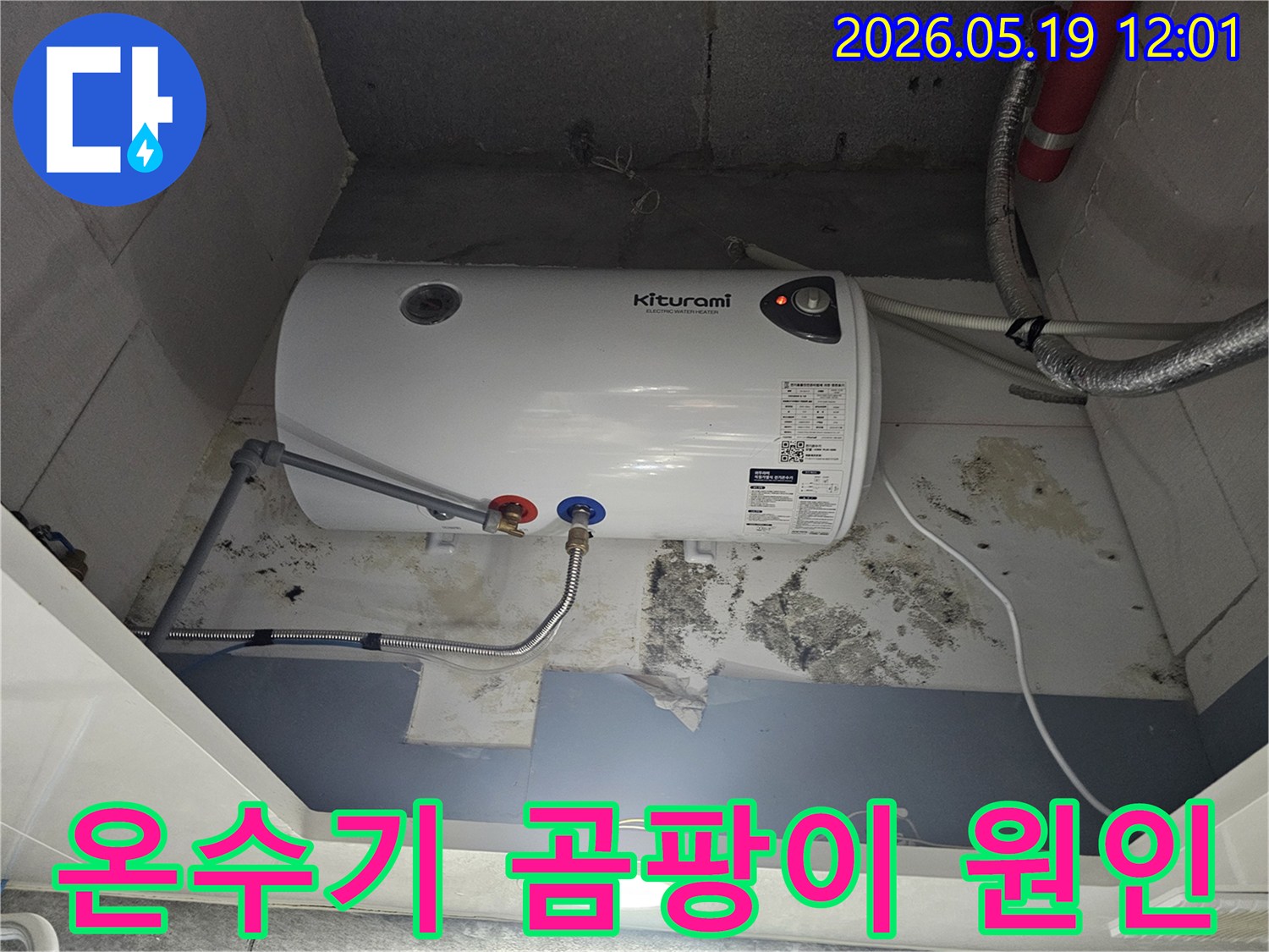 키투라미-온수기-아래-벽면에-심각한-곰팡이-발생과-누수로-인한-벽지-손상이-보이는-사진