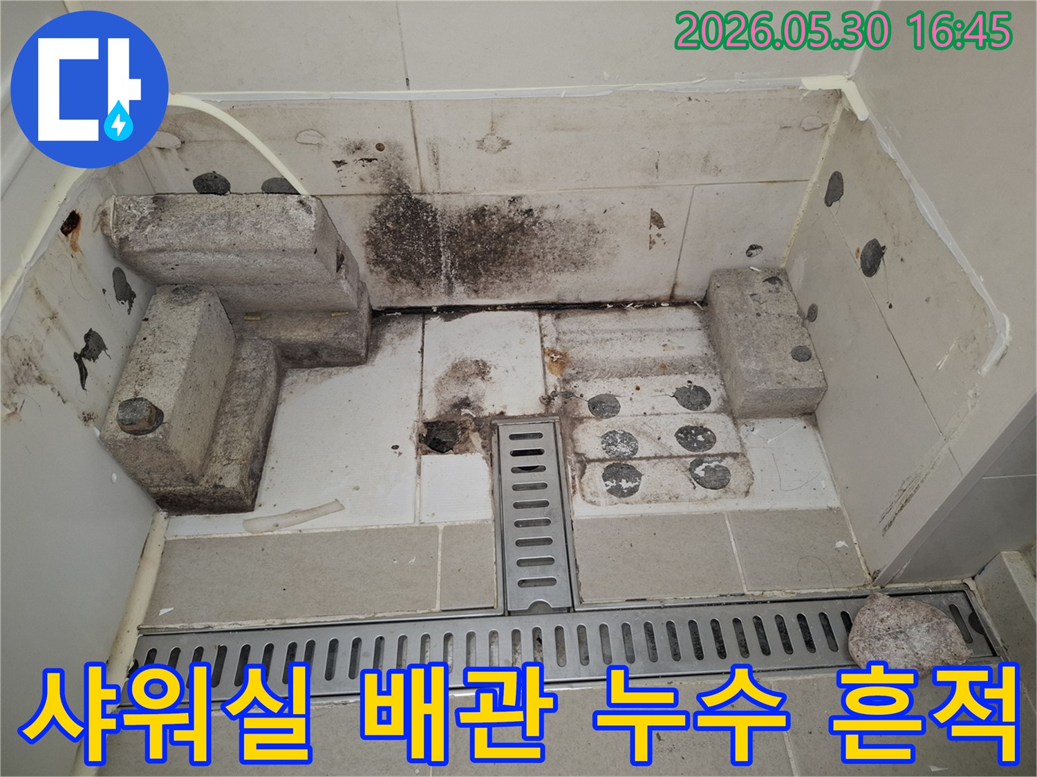 샤워실-바닥-배수구-주변에서-발생한-심각한-누수-흔적과-곰팡이-오염-사진