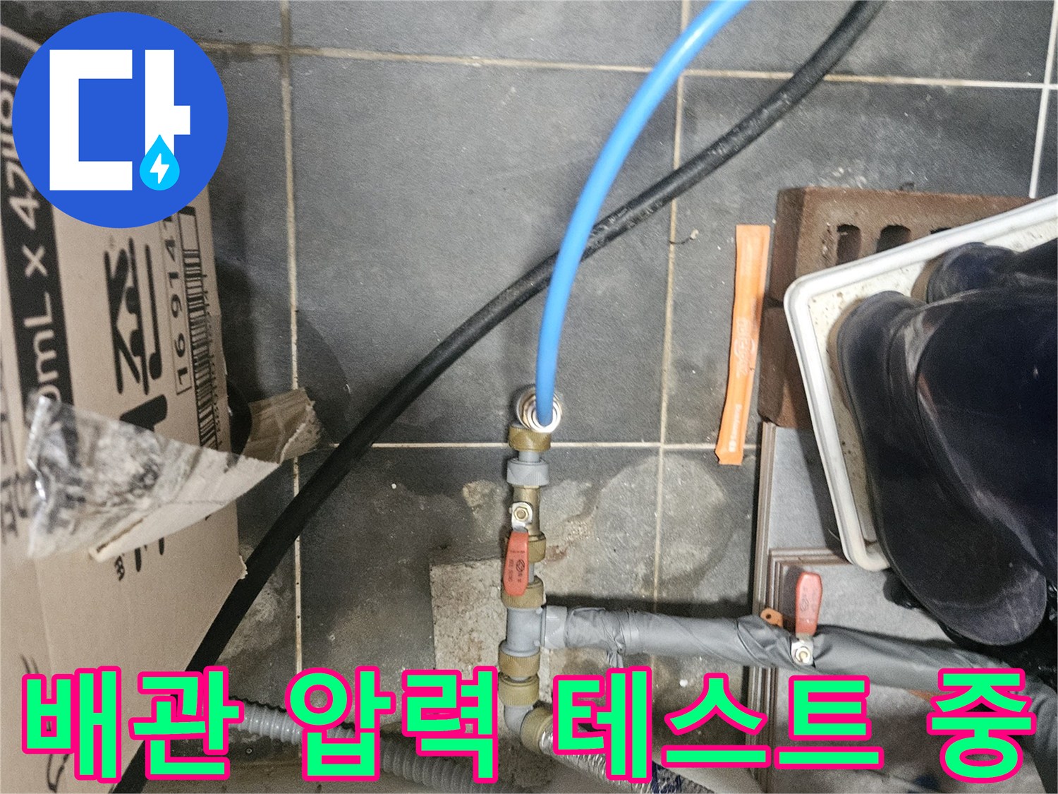 수도 배관에 연결된 파란색 호스와 금속 부속품 상세 사진