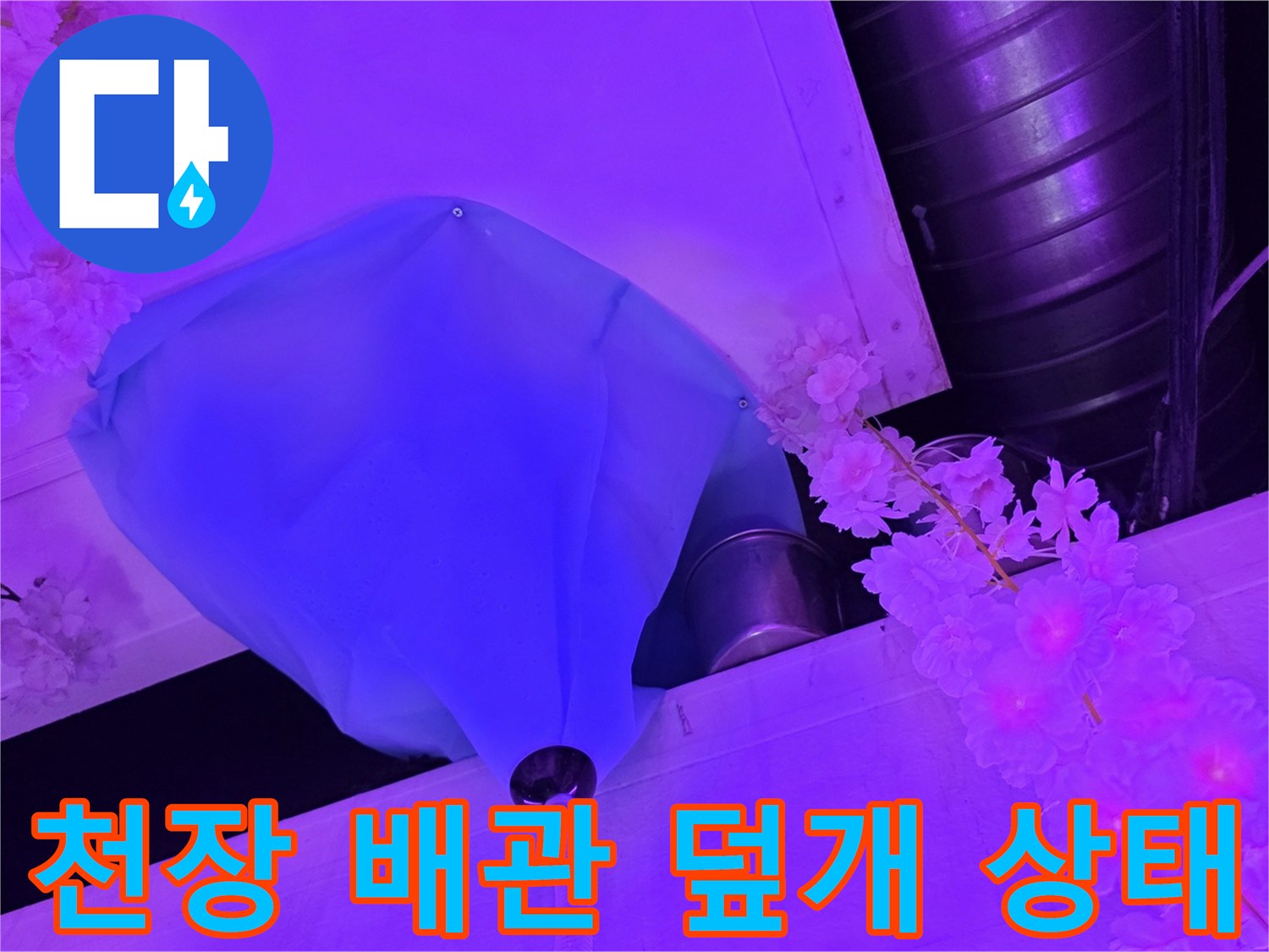 파란색 덮개가 설치된 천장 내부 배관 연결 지점