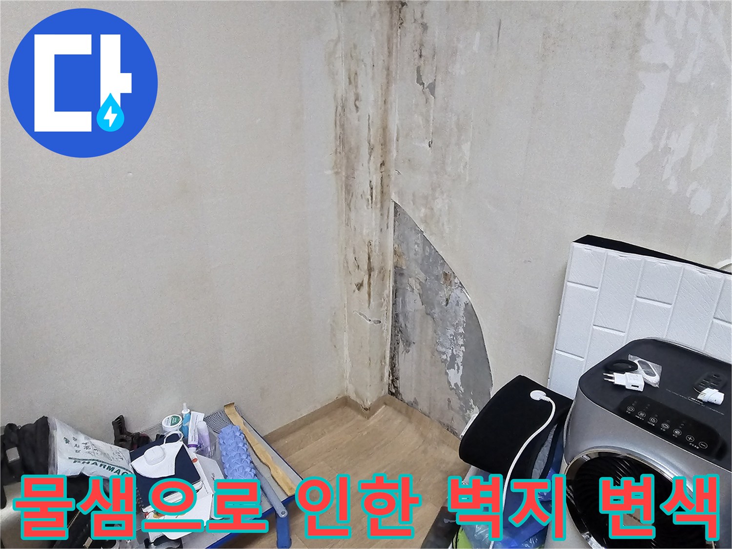변색된 상가 벽면과 곰<0xAE>팡이-누수 원인 파악 현장