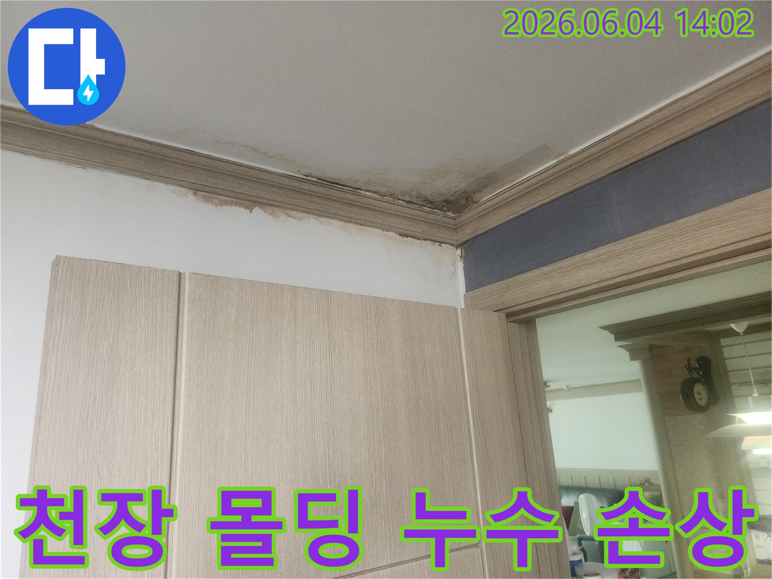 천장 몰딩에 누수로 인한 손상과 함께 물자국-곰팡이가 심하게 번져있는 상태를 보여줍니다