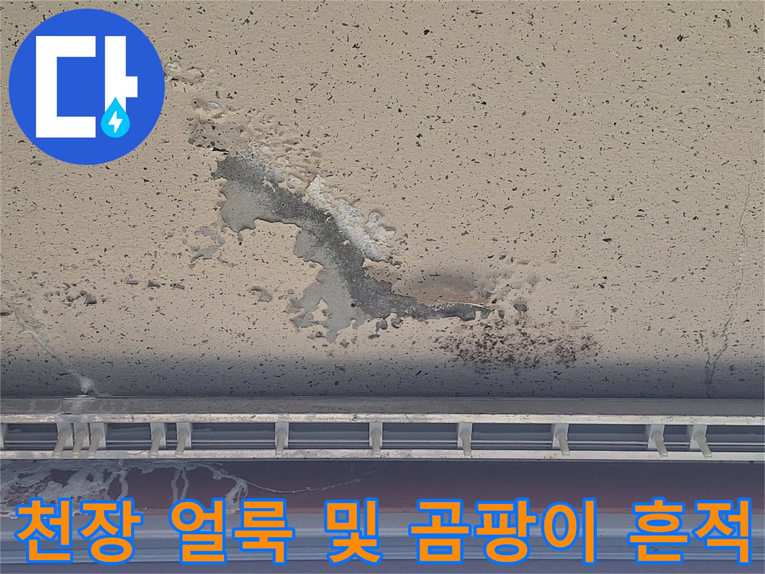 베란다 천장 벽면에 나타난 물자국과 곰팡이 흔적