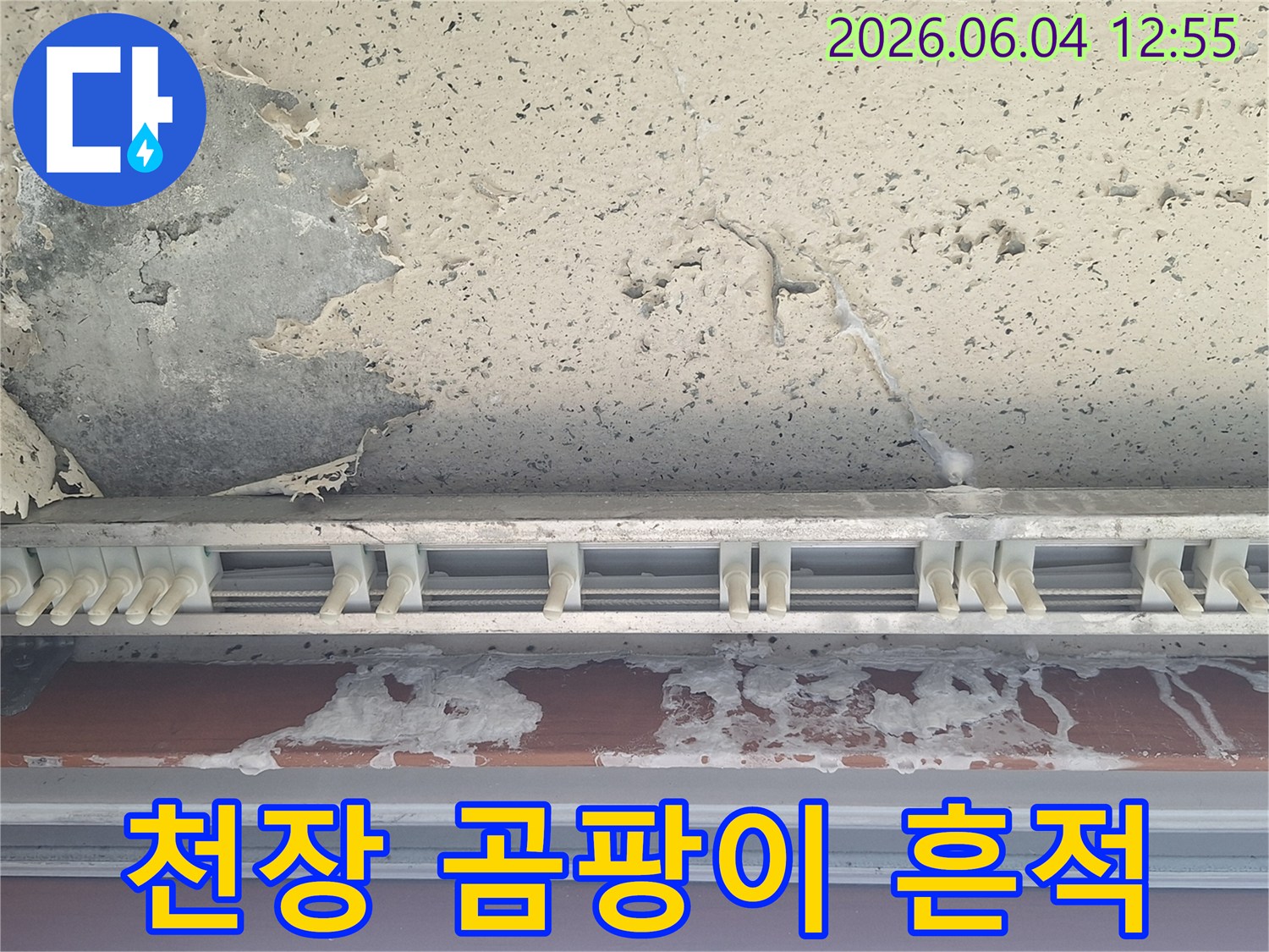 천장 콘크리트면과-커튼 레일 주변에-물자국과 함께 보이는-곰팡이로 인한 누수 피해 현장