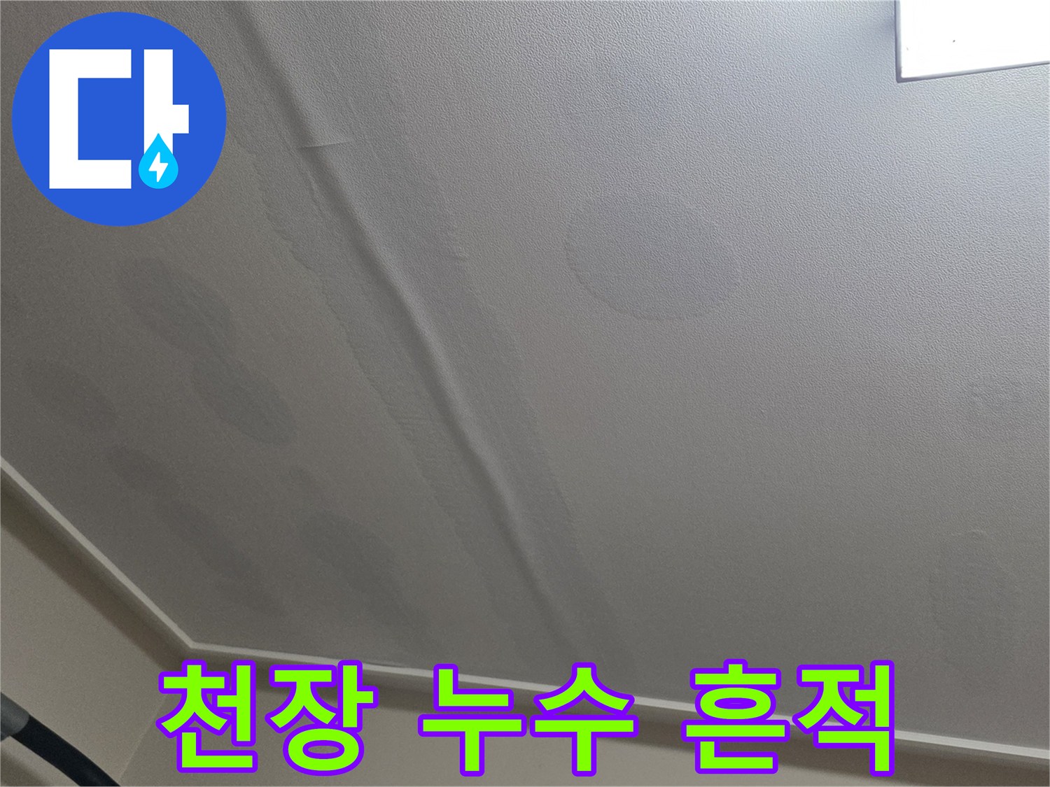 넓은 범위로 번진 천장의 누수 얼룩과 변색 부위