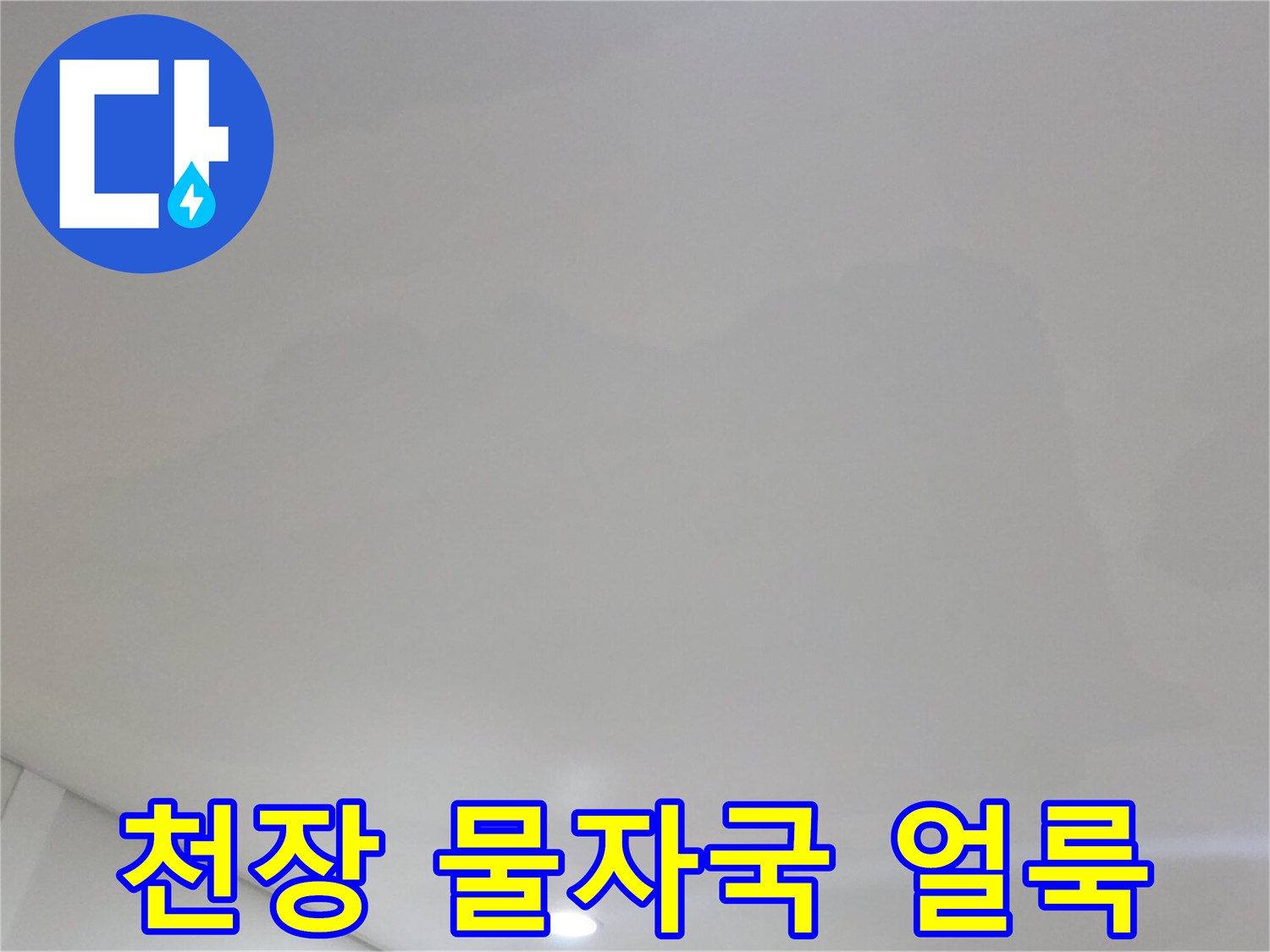 아파트 거실 천장에 발생한 넓은 범위의 물샘 흔적과 변색된 벽지 상태