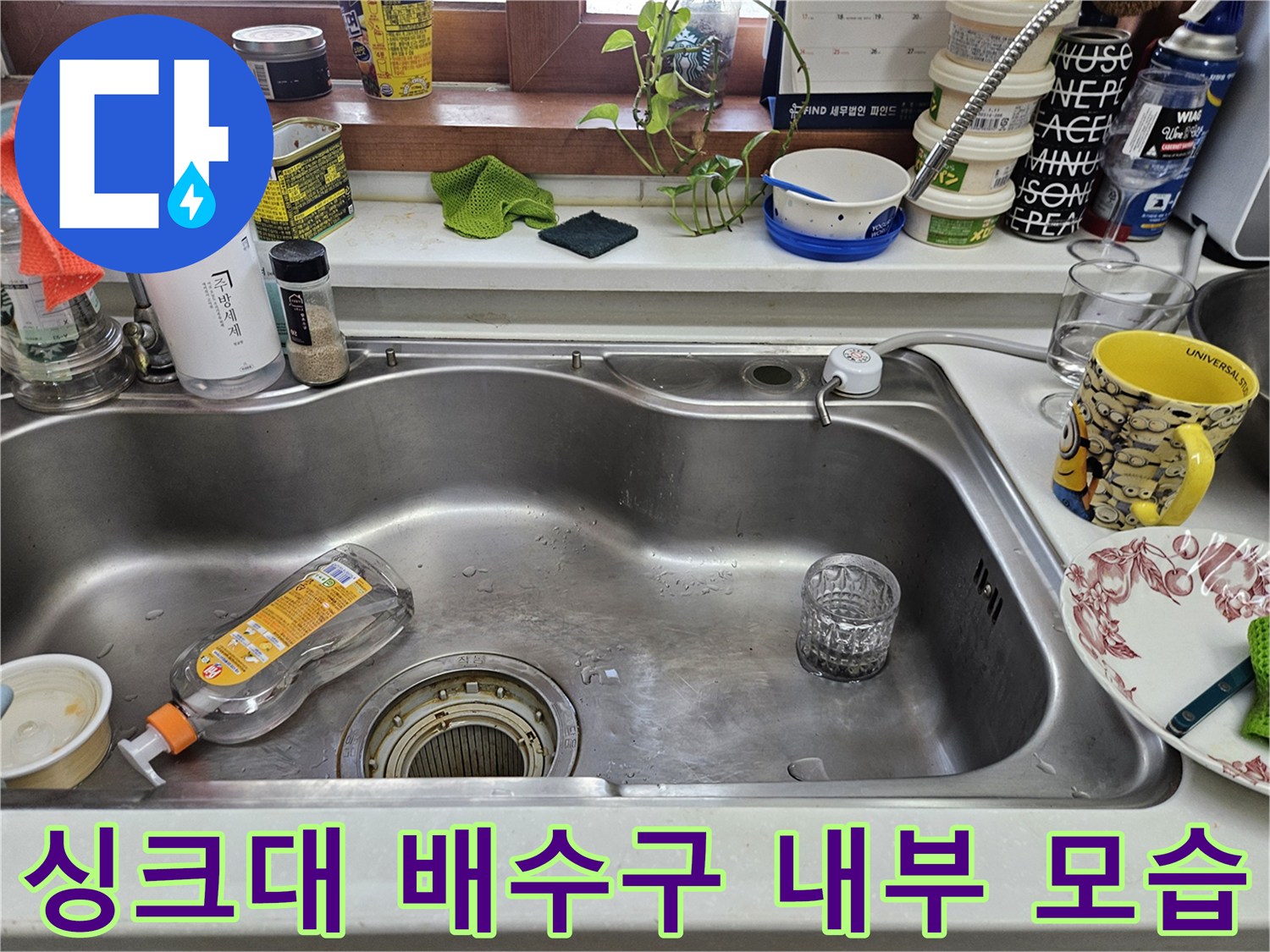 주방 싱크대의 스테인리스 표면과 배수구 주변의 사진입니다.