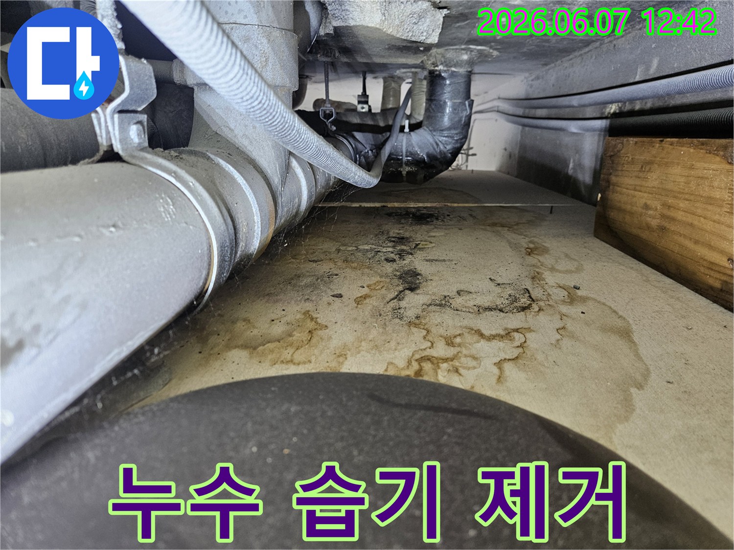 누수로 인해 발생한 습기로-바닥에 곰팡이와 오염이 심각하게 번져 있어-습기 제거가 필요한 상황입니다.