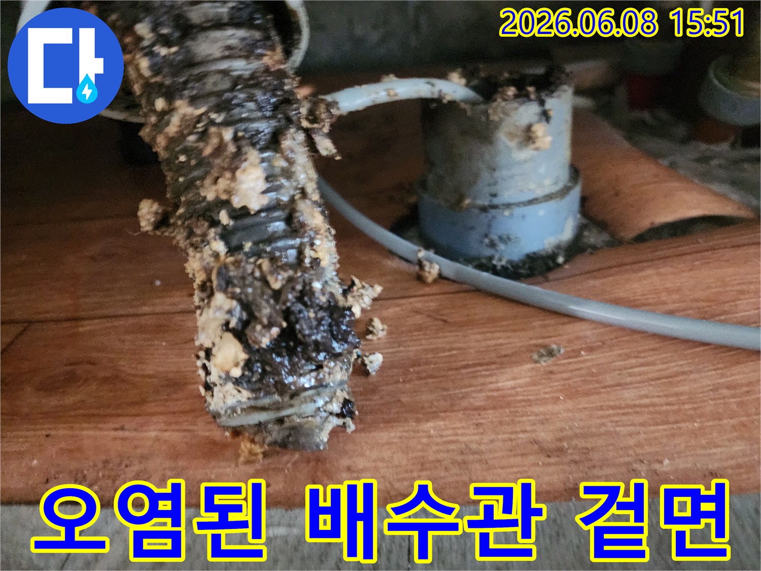 슬러지가 잔뜩 묻은 싱크대 주름관-배관 오염도 매우 높음