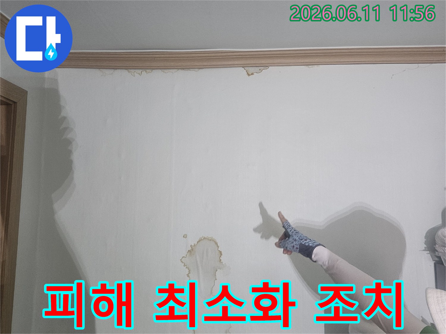 천장-누수-얼룩을-가리키며-신속한-조치의-중요성을-설명하는-기술자