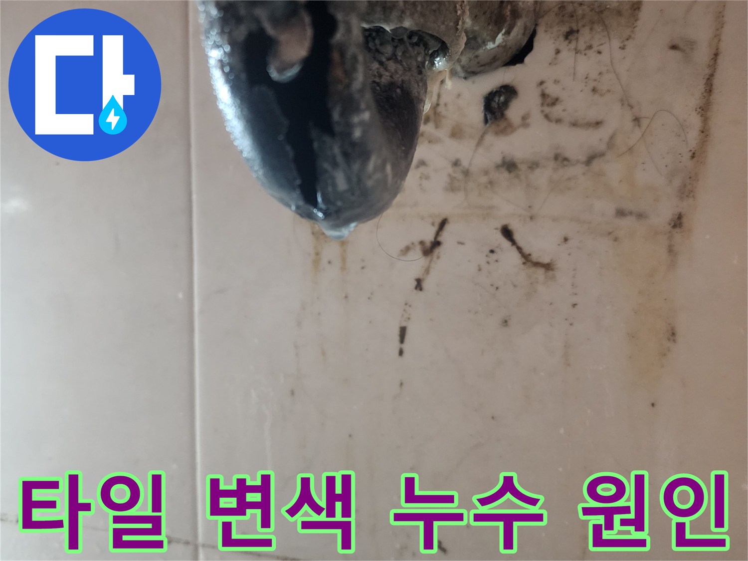 타일-변색과-곰팡이가-심하게-발생한-누수-현장을-보여주는-사진입니다