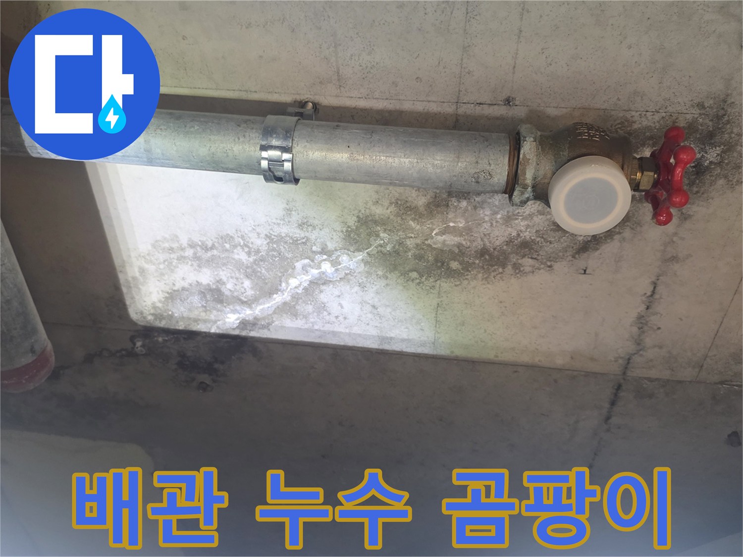 이 이미지는 천장 배관 주변에 생긴 누수로-인한 하얀 석회질 자국과-검은 곰팡이 얼룩을 보여주며-배관의 노후 상태를 나타냅니다