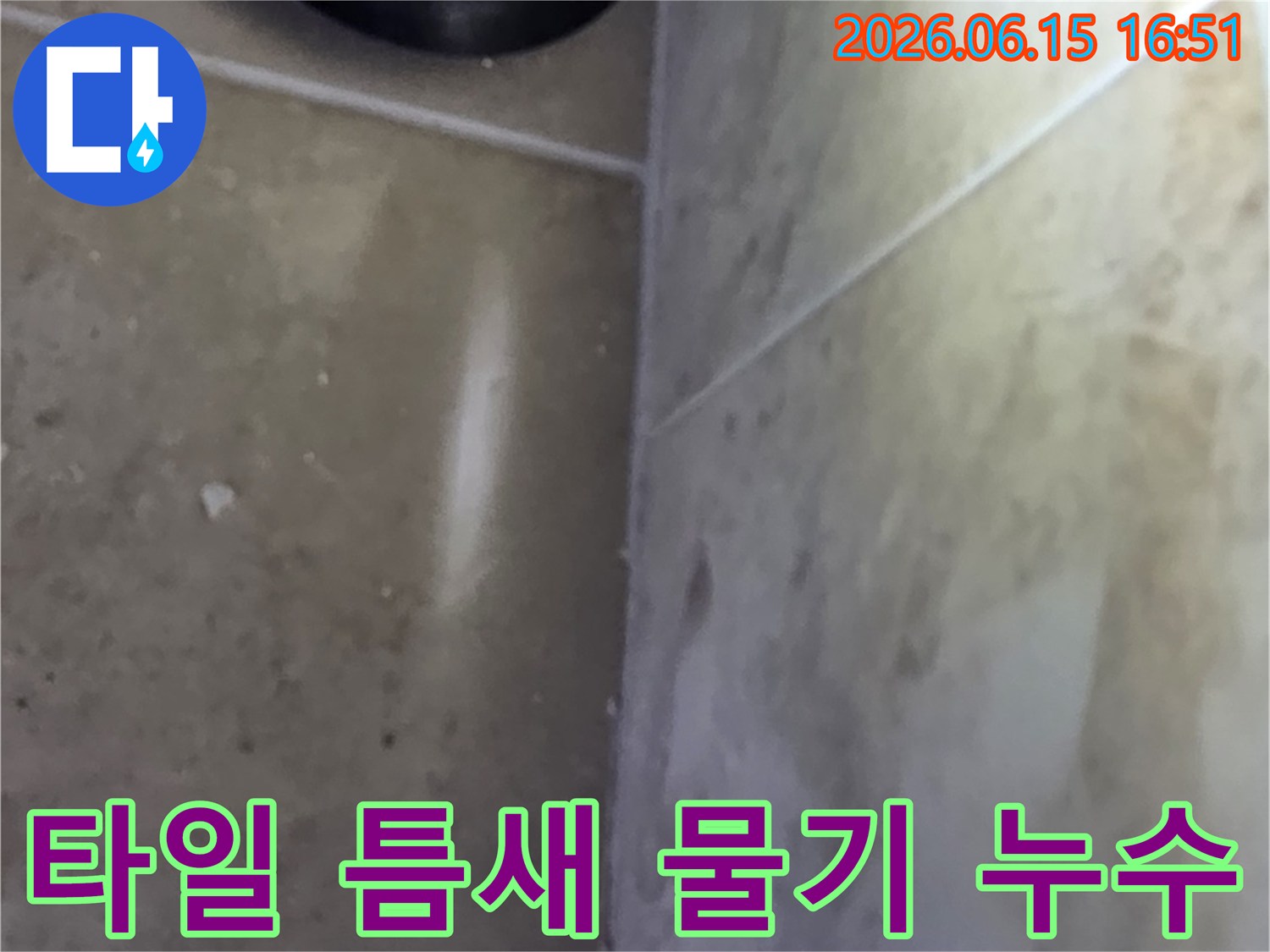 타일 사이 틈새에서 발견된 물기로-누수 발생 지점을 파악하는 현장 사진
