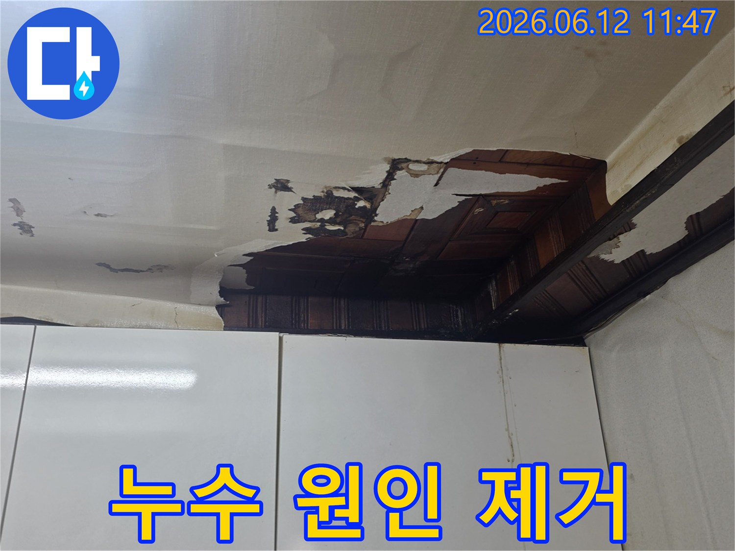 주택 천장 누수로 인해 벽지가 젖고-손상된 누수 원인 제거 및 보수가 필요한 현장