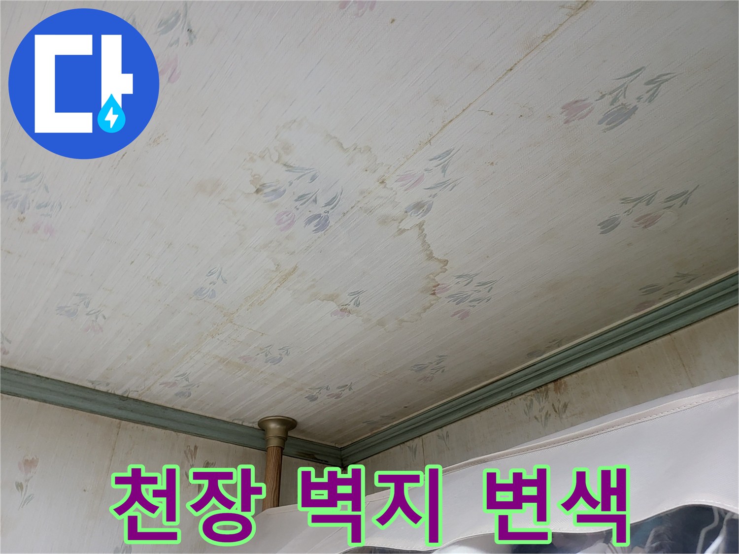아파트 천장 벽지에 발생한 갈색 물자국과 변색 현상