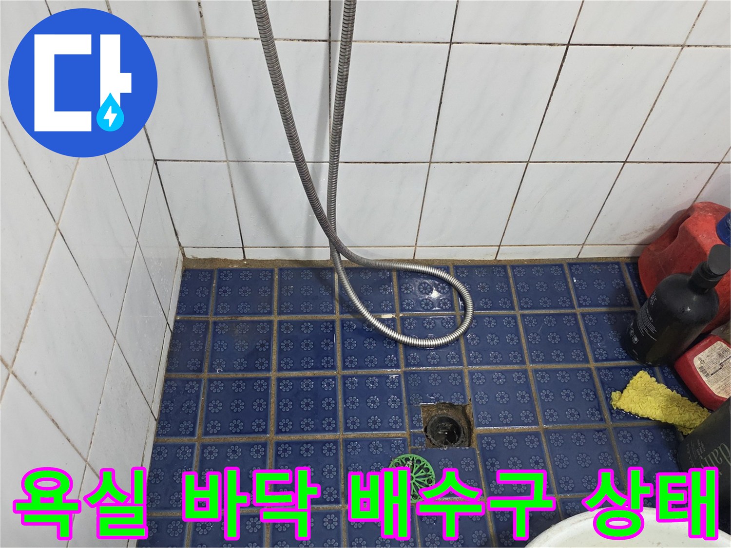 파란색 타일 바닥에 설치된 배수구와 샤워 호스