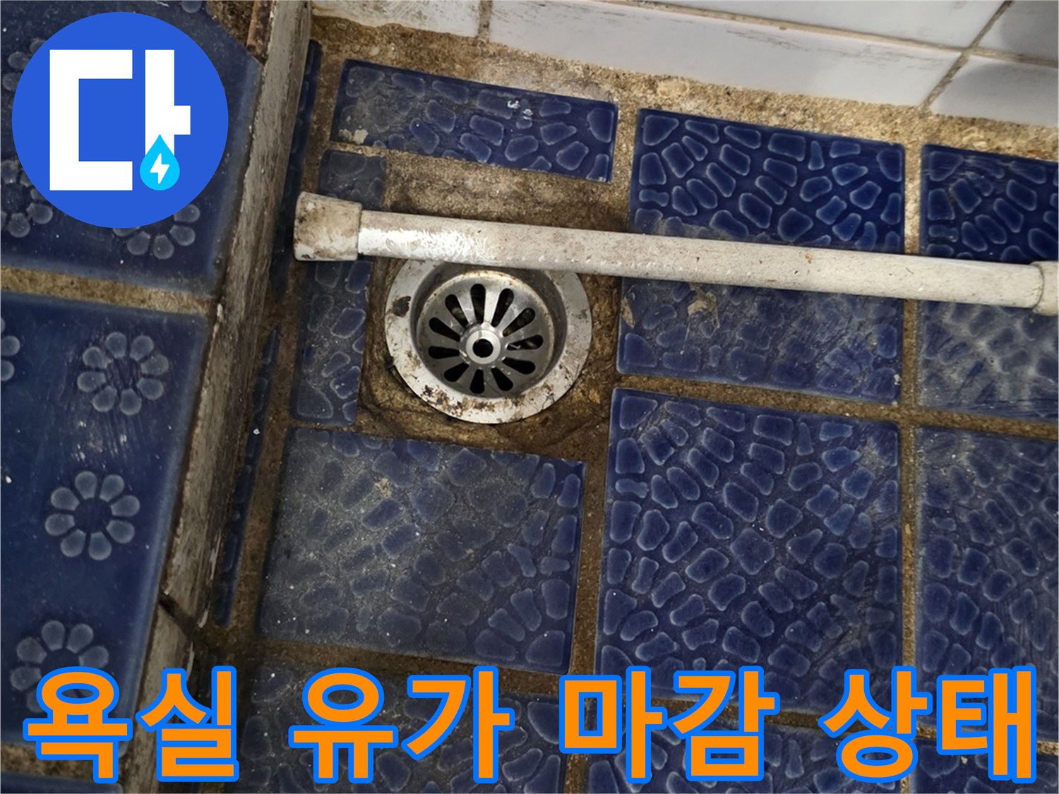 파란색 타일 사이의 배수구 주변 정밀 점검 사진