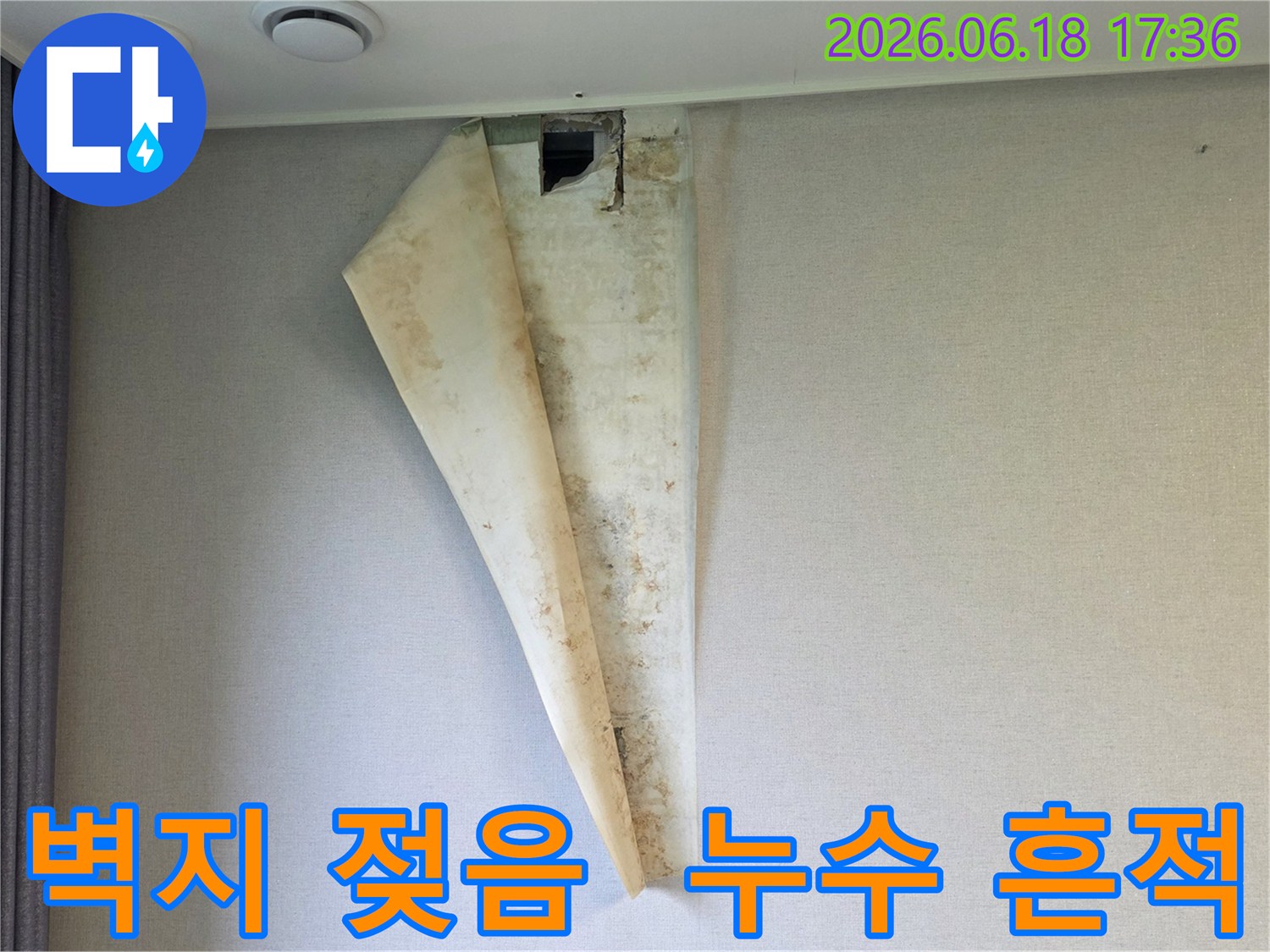누수로 인해 벽지가 젖고-들뜨며-곰팡이가 발생한 현장 사진