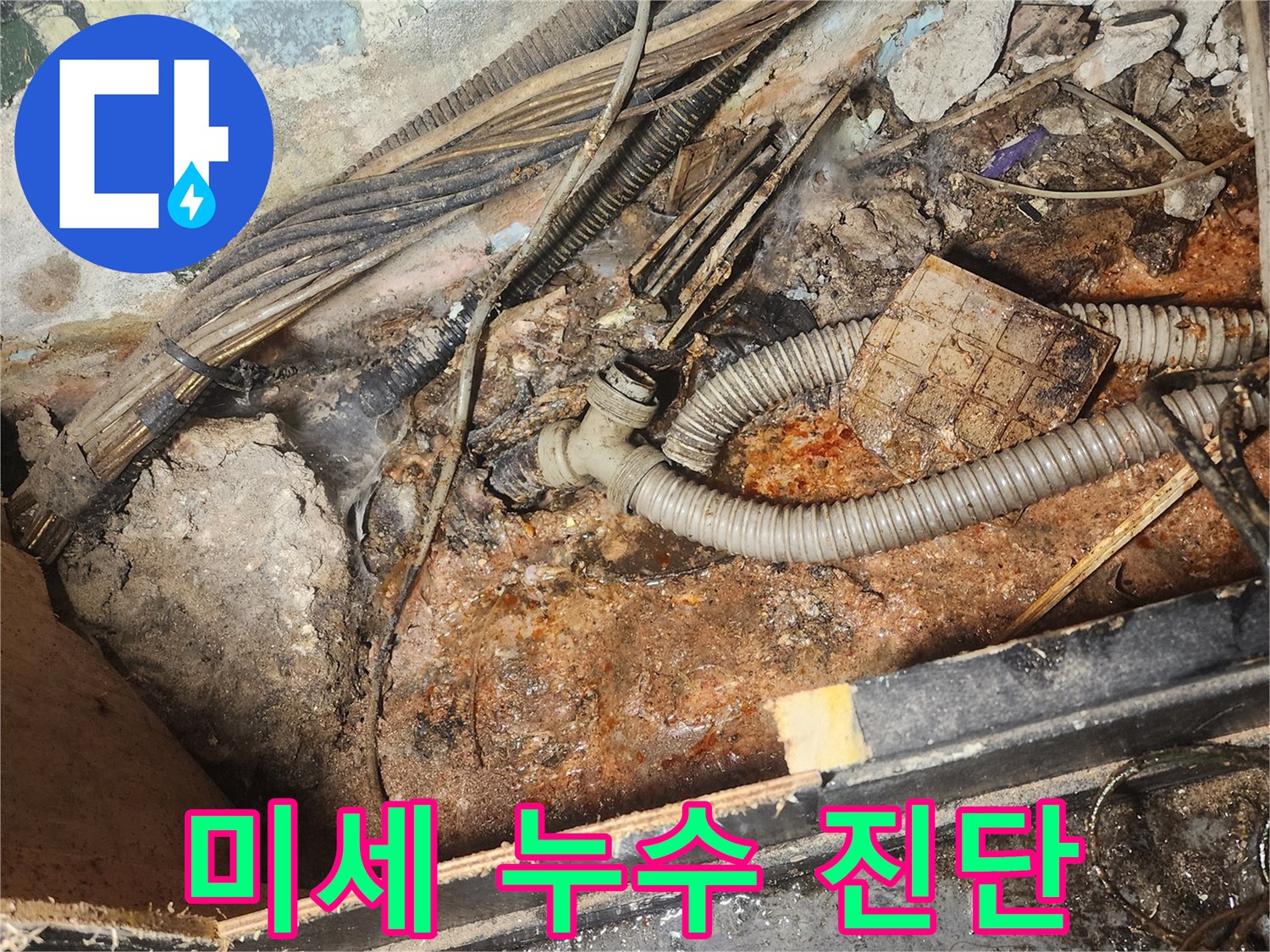 주택-누수-현장에서-발견된-오래된-배관과-주변-환경의-심각한-오염-상태를-보여주는-사진입니다.