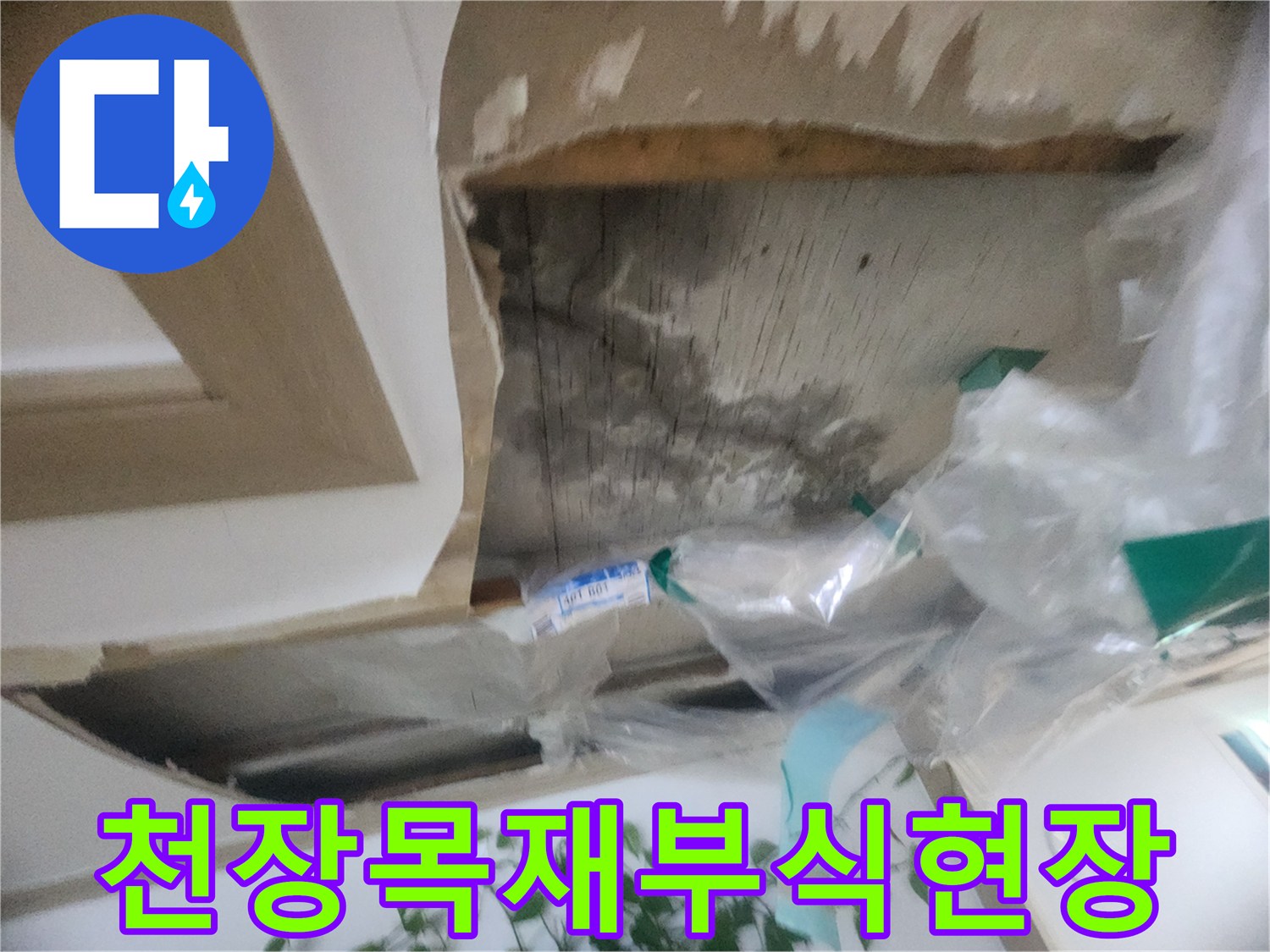 천장 내부의 목재 구조물이-물에 젖어 변색되고-손상된 상태를 보여주는-누수 현장 사진입니다