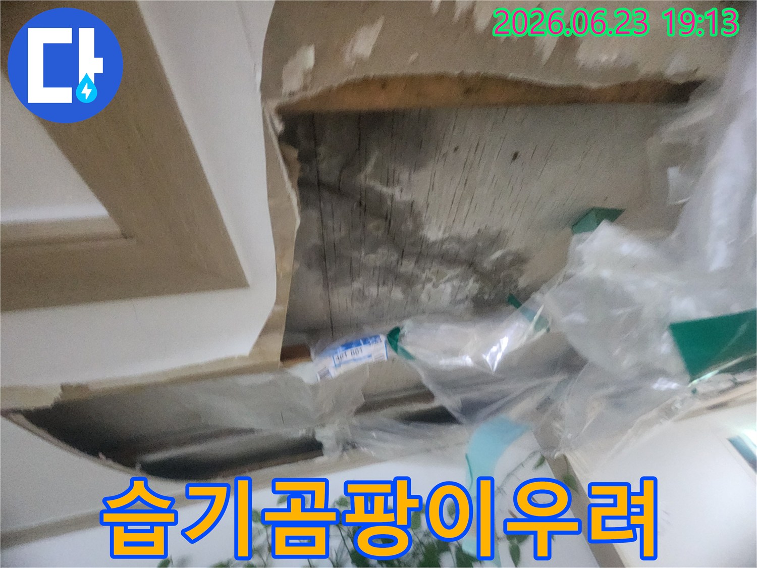 천장 내부의 습기와-물 자국으로 인한-곰팡이 발생 우려를 보여주는-누수 현장입니다